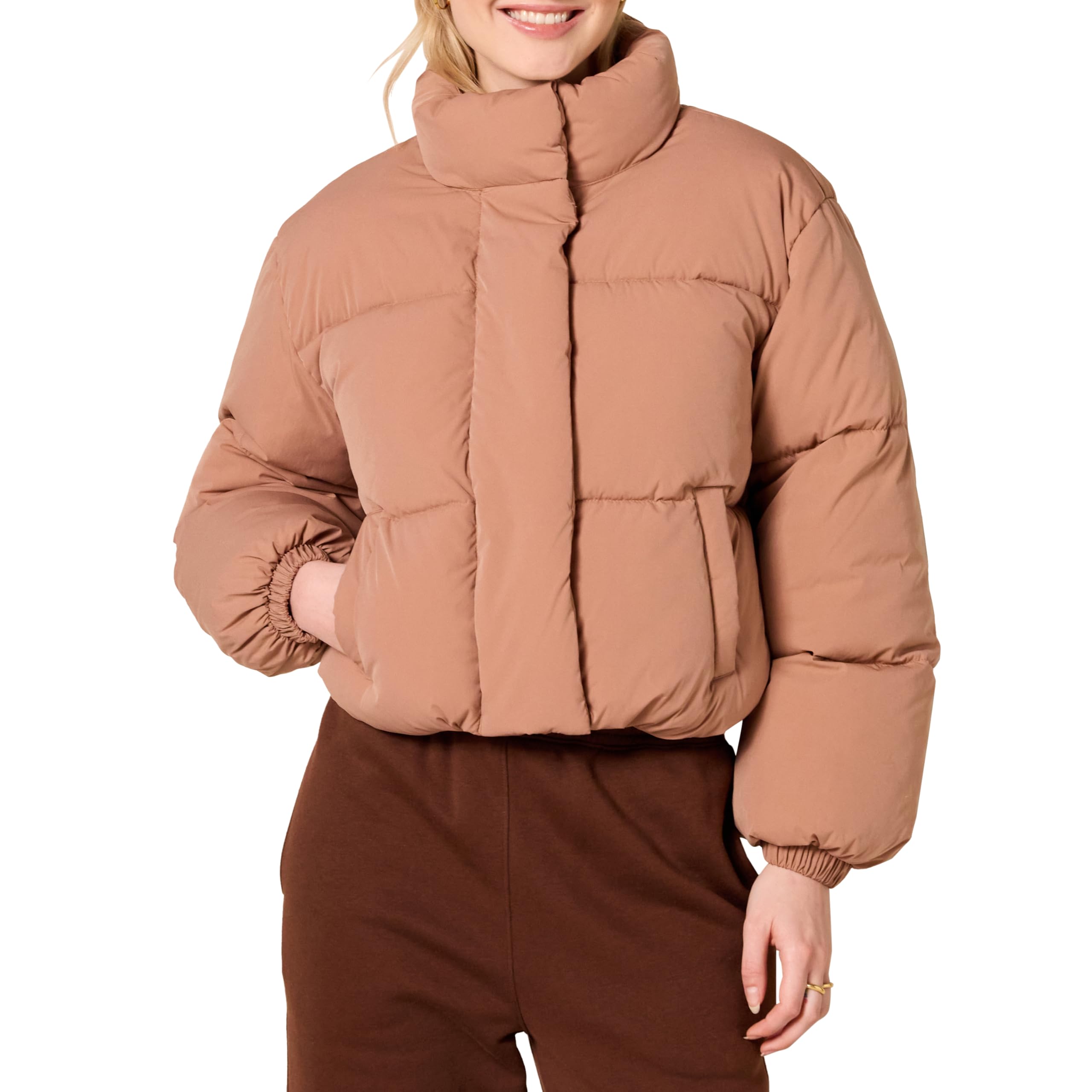Amazon Essentials Women's Cropped Full-Zip Puffer Jacket (Quilted Matte or Sherpa Fleece), Light Brown, XXL
