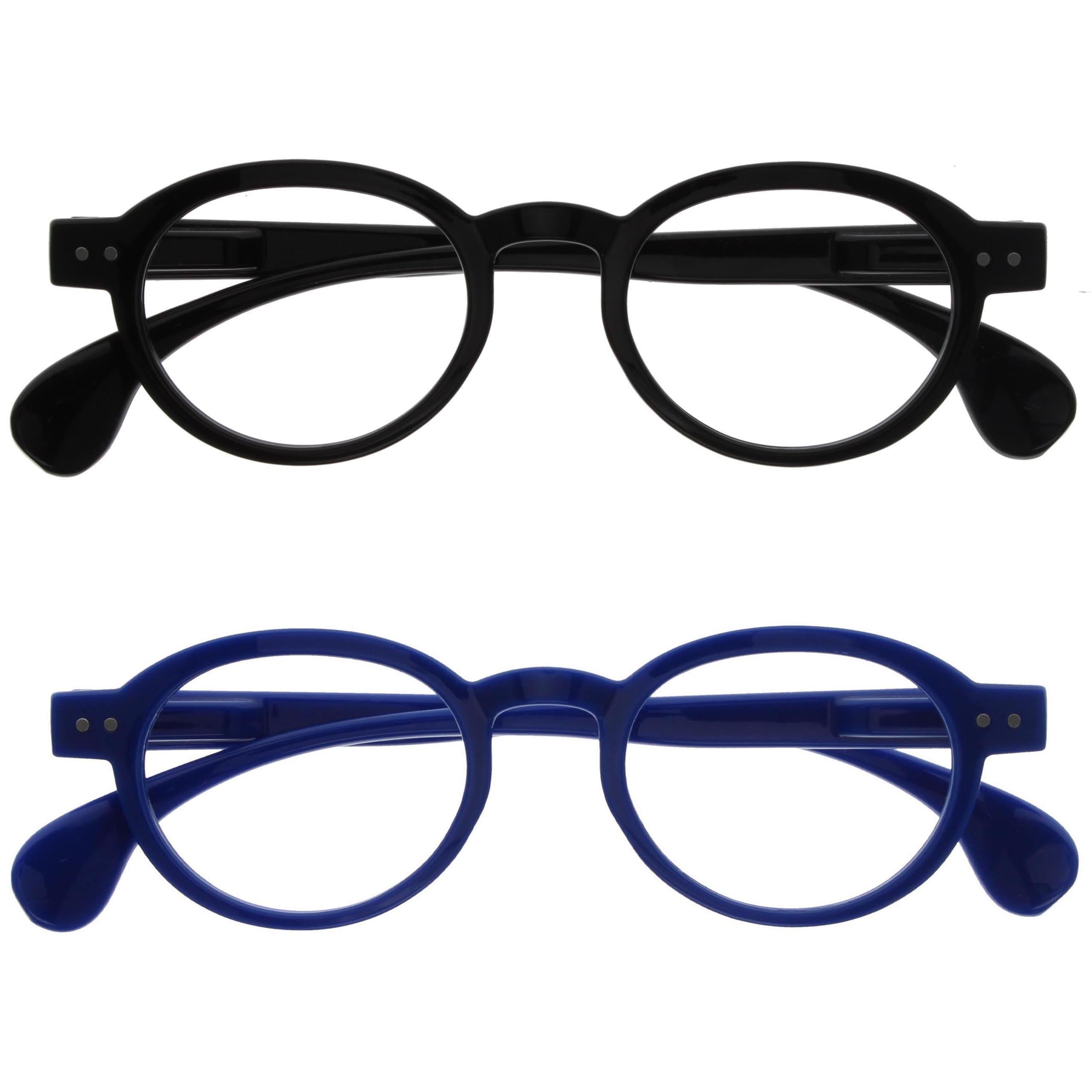 OPULIZE OCA Reading Glasses - 2-Pack - Modern Retro Round Frame - Black Blue - Mens Womens - Spring Hinges - RR54-13 - +1.00
