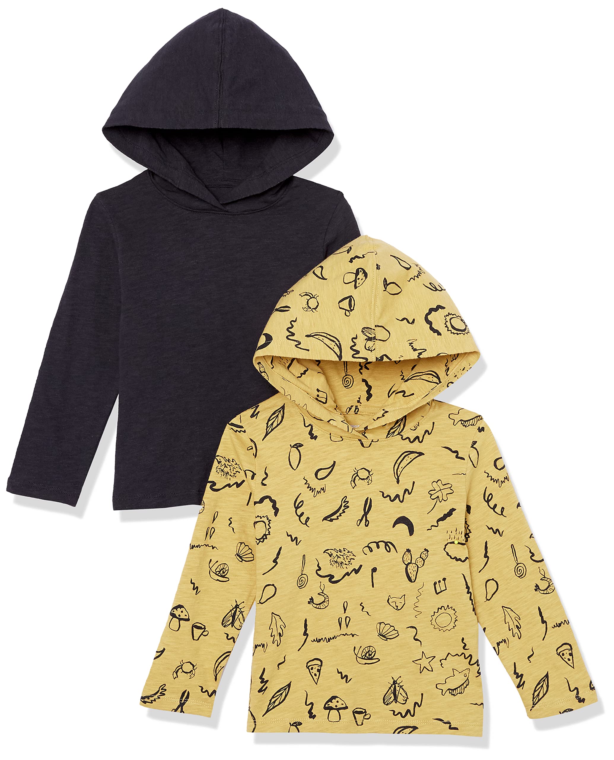 Amazon Essentials Boys' Lightweight Long-sleeved Hooded T-shirt, Pack of 2, Black/Yellow Outdoor Icons, 3 Years
