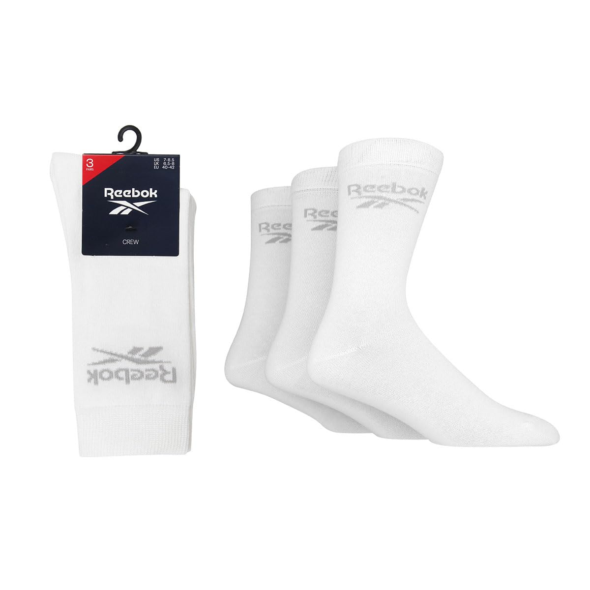 Reebok Unisex 'Core' Crew Socks - Mens and Ladies, Regular Calf Length Socks, Soft Cotton with Seamless Toes 3 Pair Multipack Size Range of UK 2.5-12.5 White 6.5-8