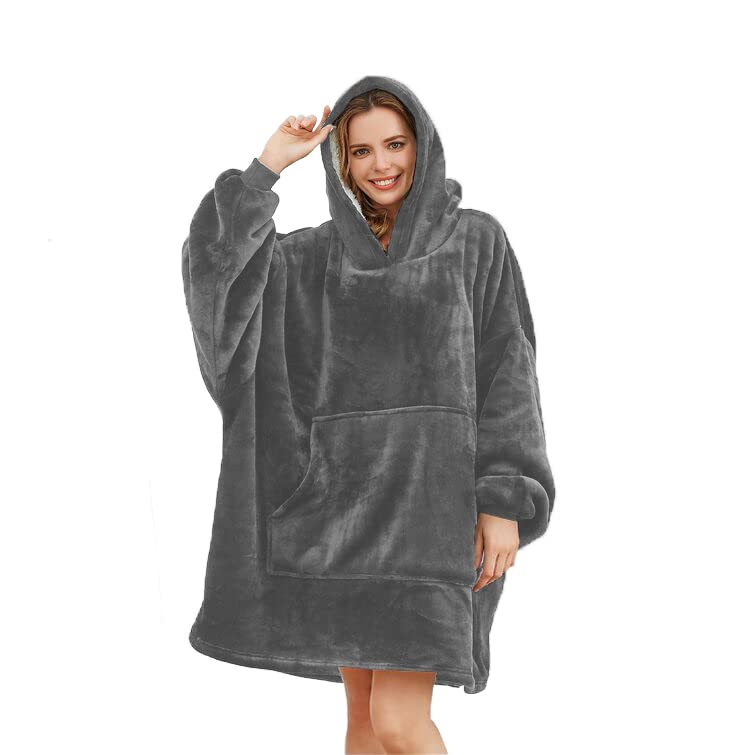 MIA Oversized Hoodie Blanket Cosy Ultra Soft Sherpa Fleece Unisex Sweatshirt Giant Hug Throw Snuggy One Size Fit for Women Girls Adults Men Boys Kids Big Pocket (Dark Grey)