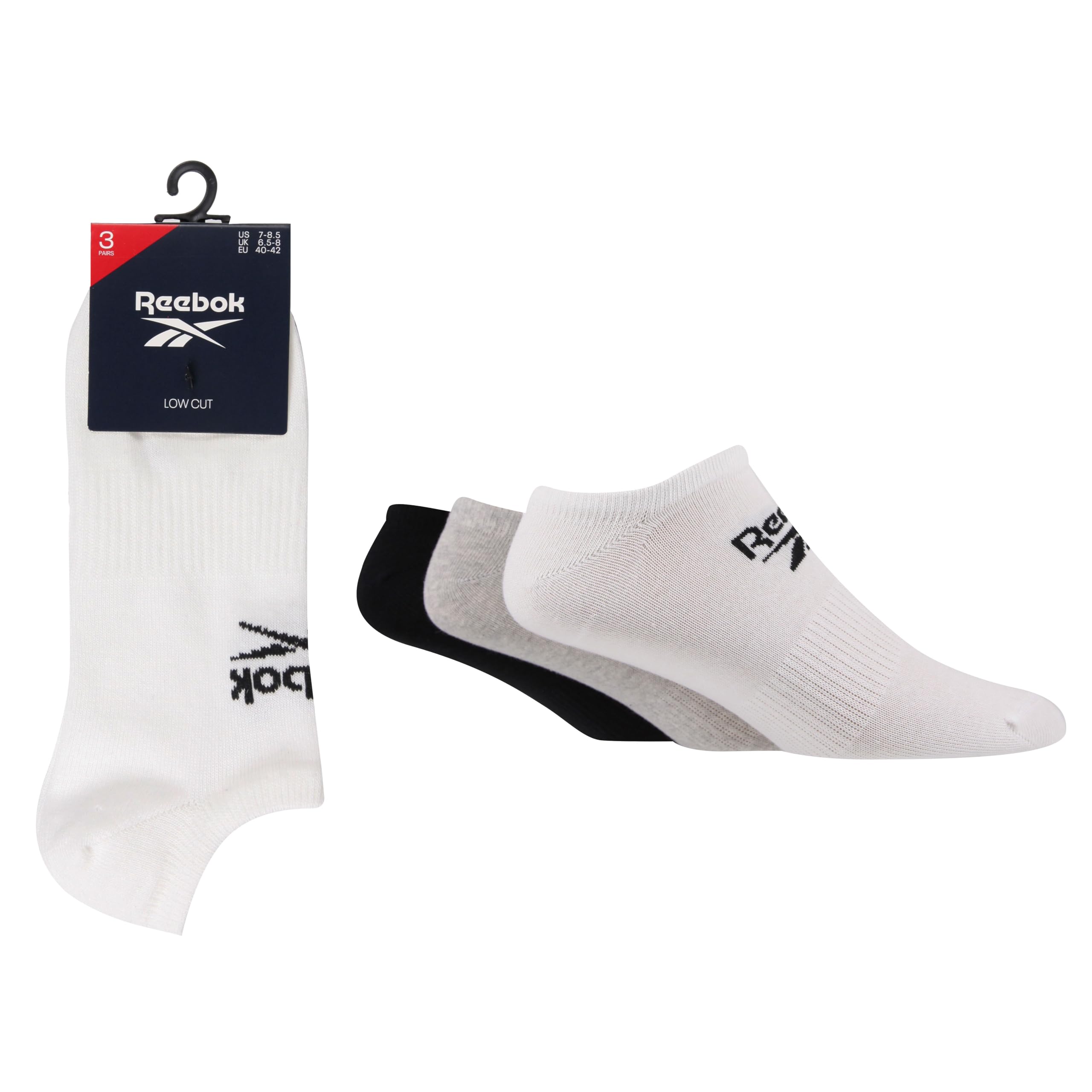 Reebok Unisex 'Core' Trainer Socks - Mens and Ladies, Low Cut, Soft Cotton, Plain Socks with Arch Support & Seamless Toe's 3 Pair Multipack Size Range of UK 2.5-12.5 White/Grey/Black 6.5-8