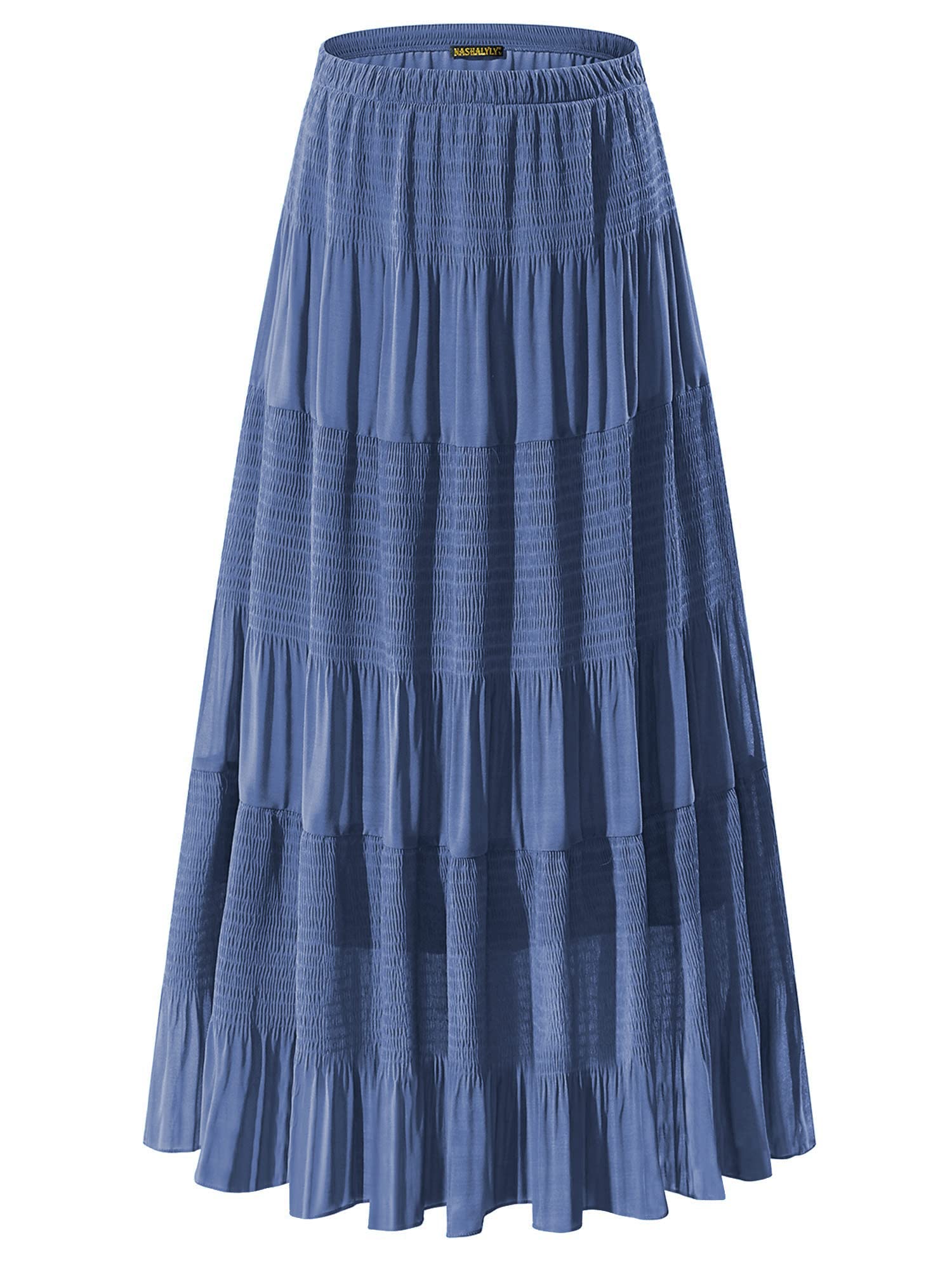 NASHALYLY Women's Chiffon Elastic High Waist Pleated A-Line Flared Maxi Skirts, Beja Blue, M