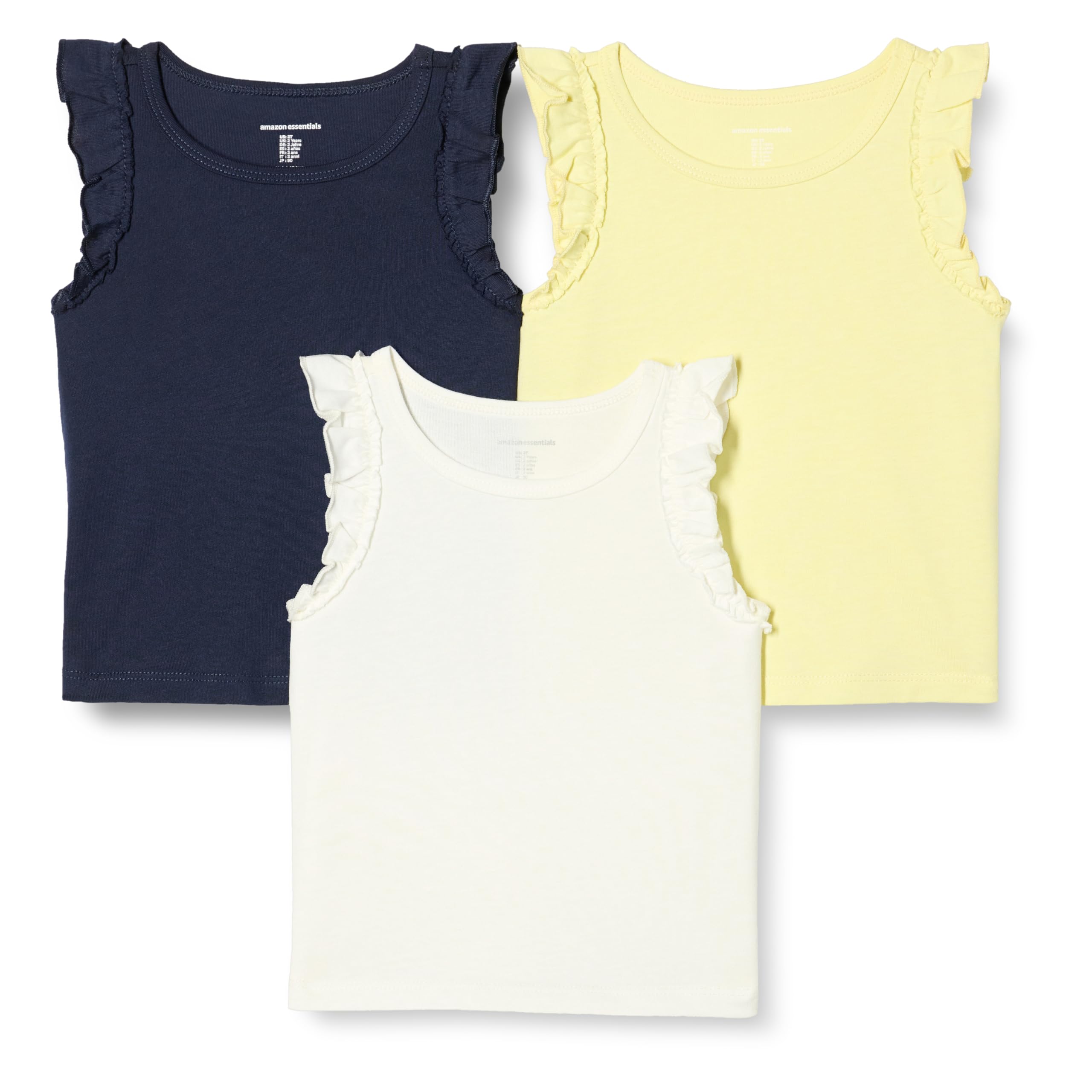 Amazon Essentials Girls' Ruffle Tank Tops, Pack of 3, Ivory/Navy/Pastel Yellow, Small