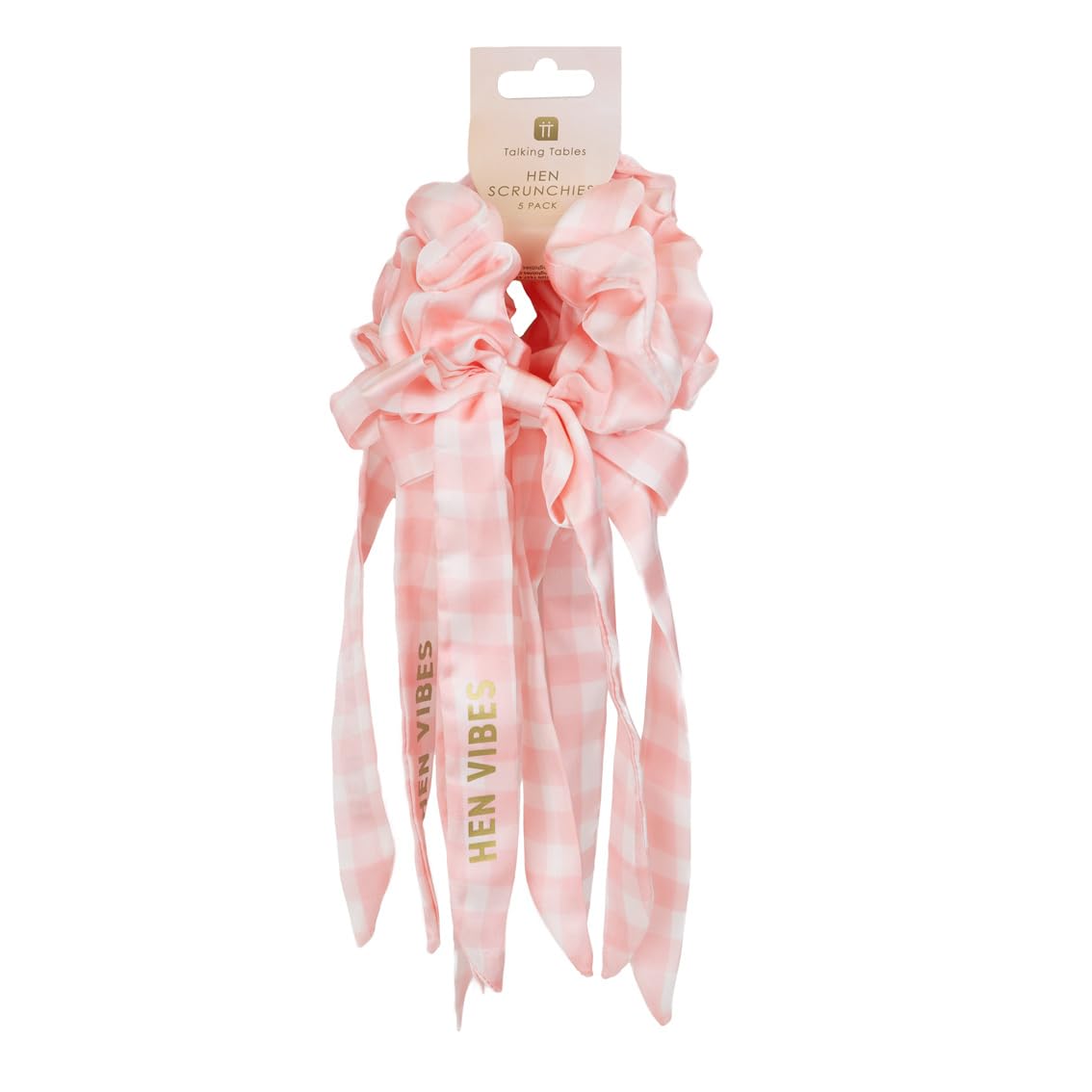 5 x Bridesmaids Pink Hair Scrunchies in Pretty Gingham Checkered Design | Hen Do Parties and Bridal Showers | Party Headpiece Accessory | Recyclable packaging | Designed in UK by Talking Tables