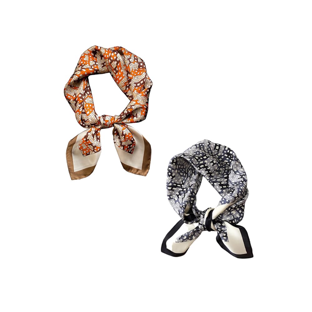 FONYVE Silk Feeling Scarf Medium Square Satin Head Scarf for Women 27.5 × 27.5 inches, 31 Chains Yellow & Grayish Blue, Medium