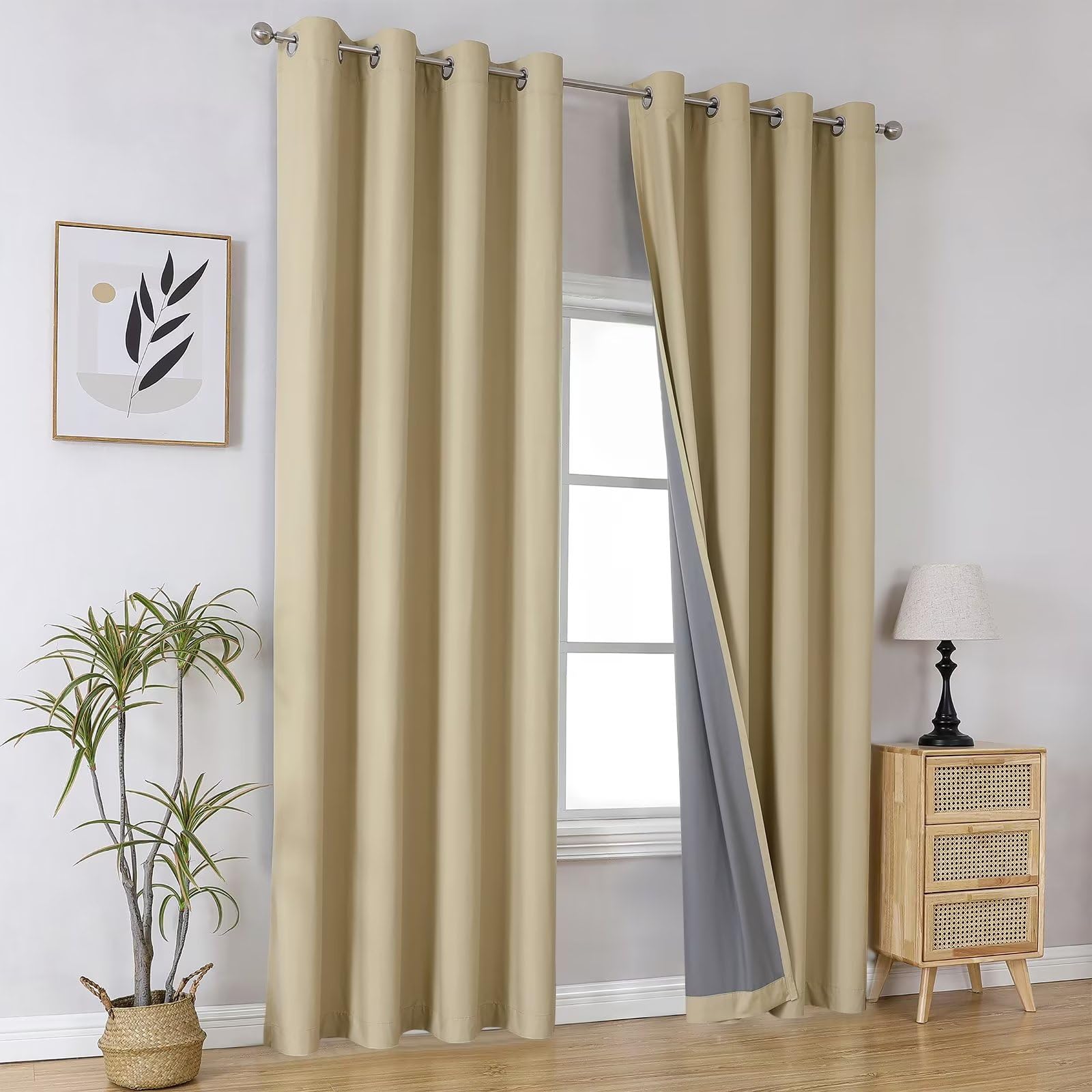 Joydeco Beige Blackout Curtains, 120 Inches Long, 2 Panels Set, Grommet, Modern Style, Solid Color, Total Room Darkening, Thermal Insulated, Living Room, Bedroom