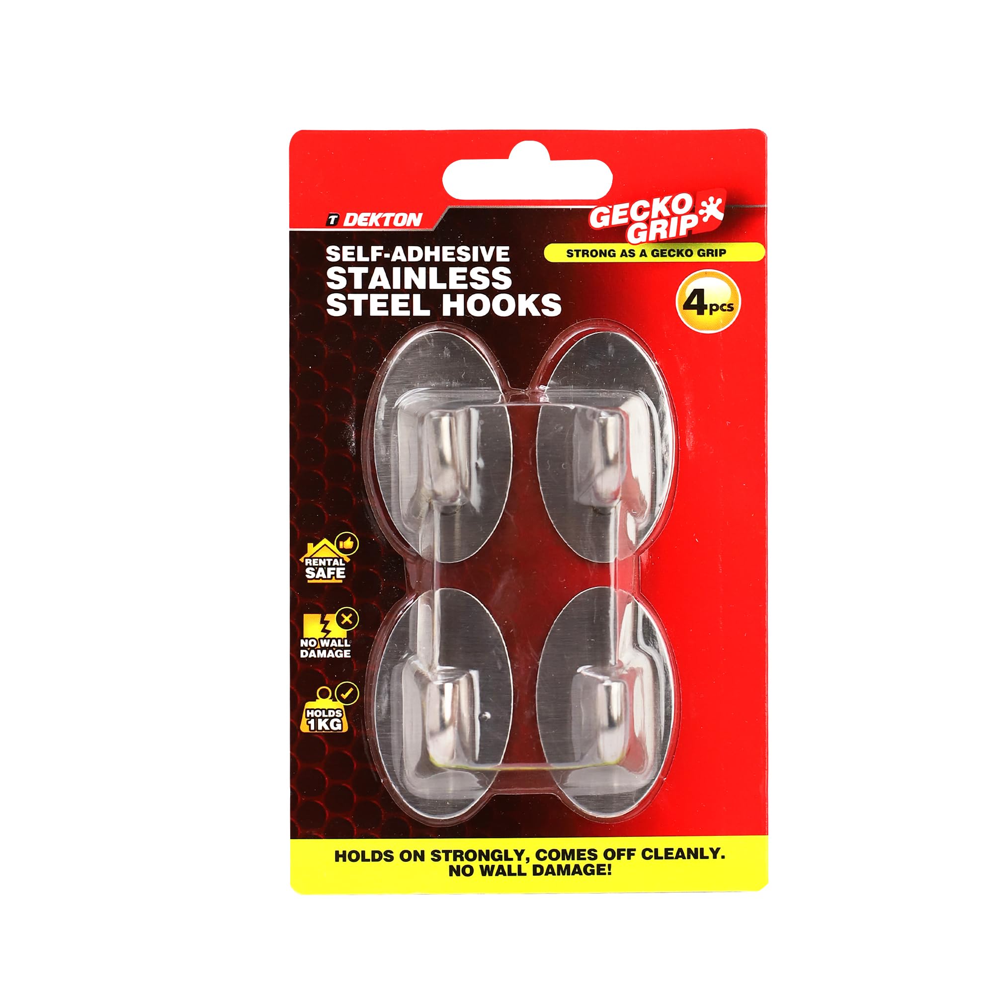 Dekton Geckogrip Hook Set Stainless Steel 4pc-Heavy-Duty Adhesive Hooks| Rust-Resistant & Durable| Holds Up to 10kg | Ideal for Kitchen, Bathroom, Office| Sleek, Modern Design| Reusable & Residue-Free