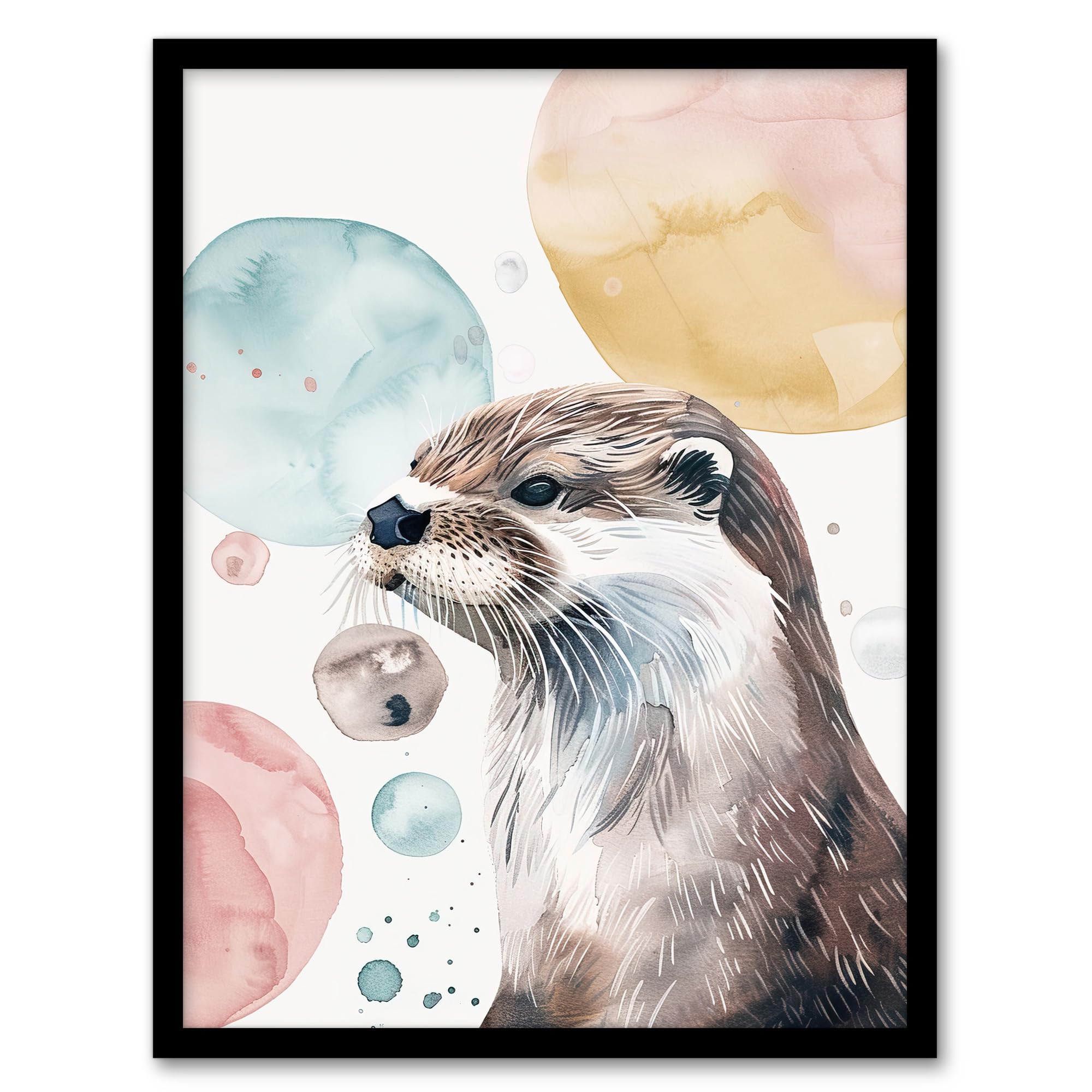 Artery8 Cute Otter Portrait Modern Watercolour Bubbles Living Room Artwork Framed Wall Art Print A4
