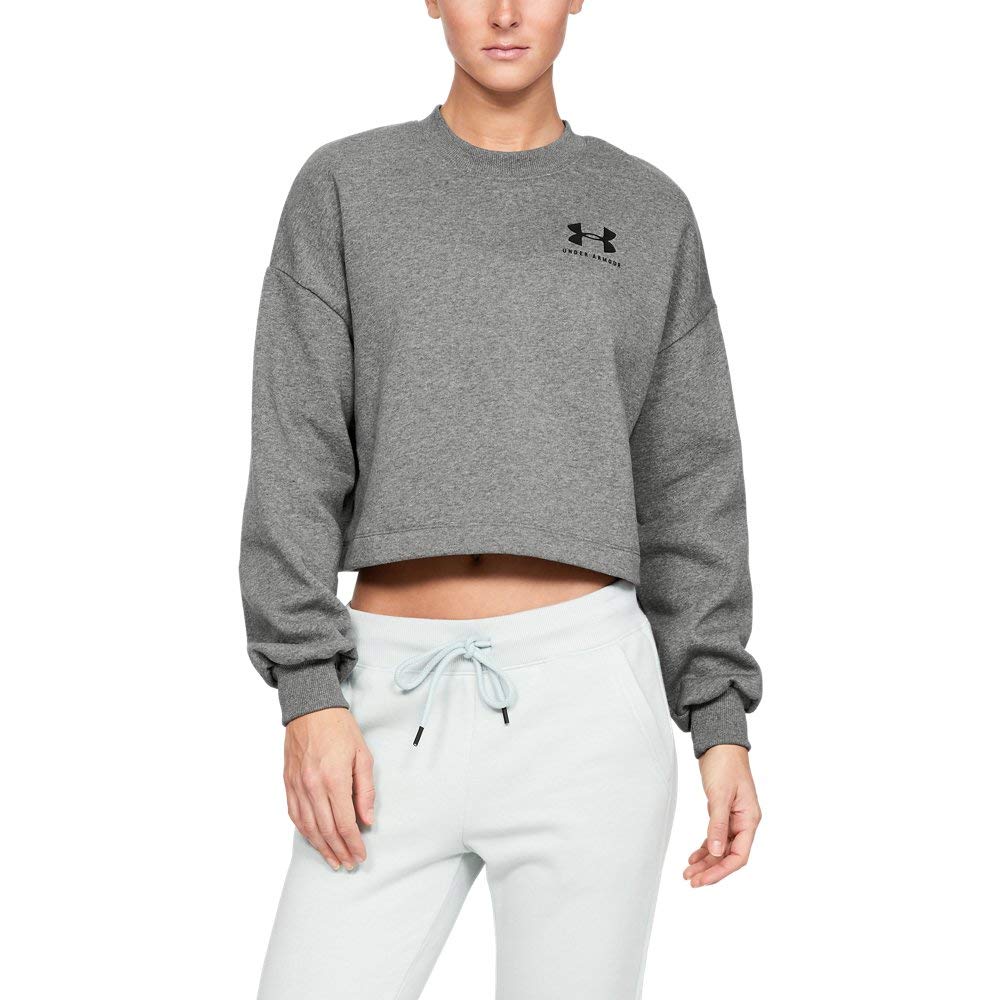 Under Armour Women Rival Fleece Graphic Lc Crew Warm-up Top - Jet Grey Medium Heather/Black, Large