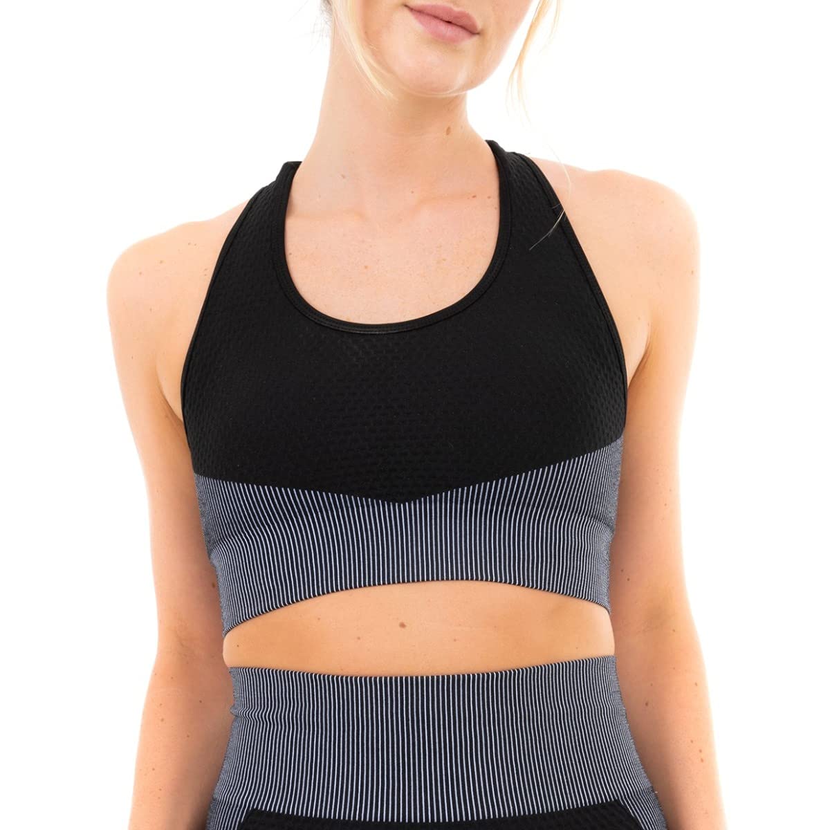 M17 Womens Ladies Sports Bra Textured Panelling Striped Comfort Athletics Yoga Gym Bras Top Adjustible Straps Removeable Pads - XL - Black Grey
