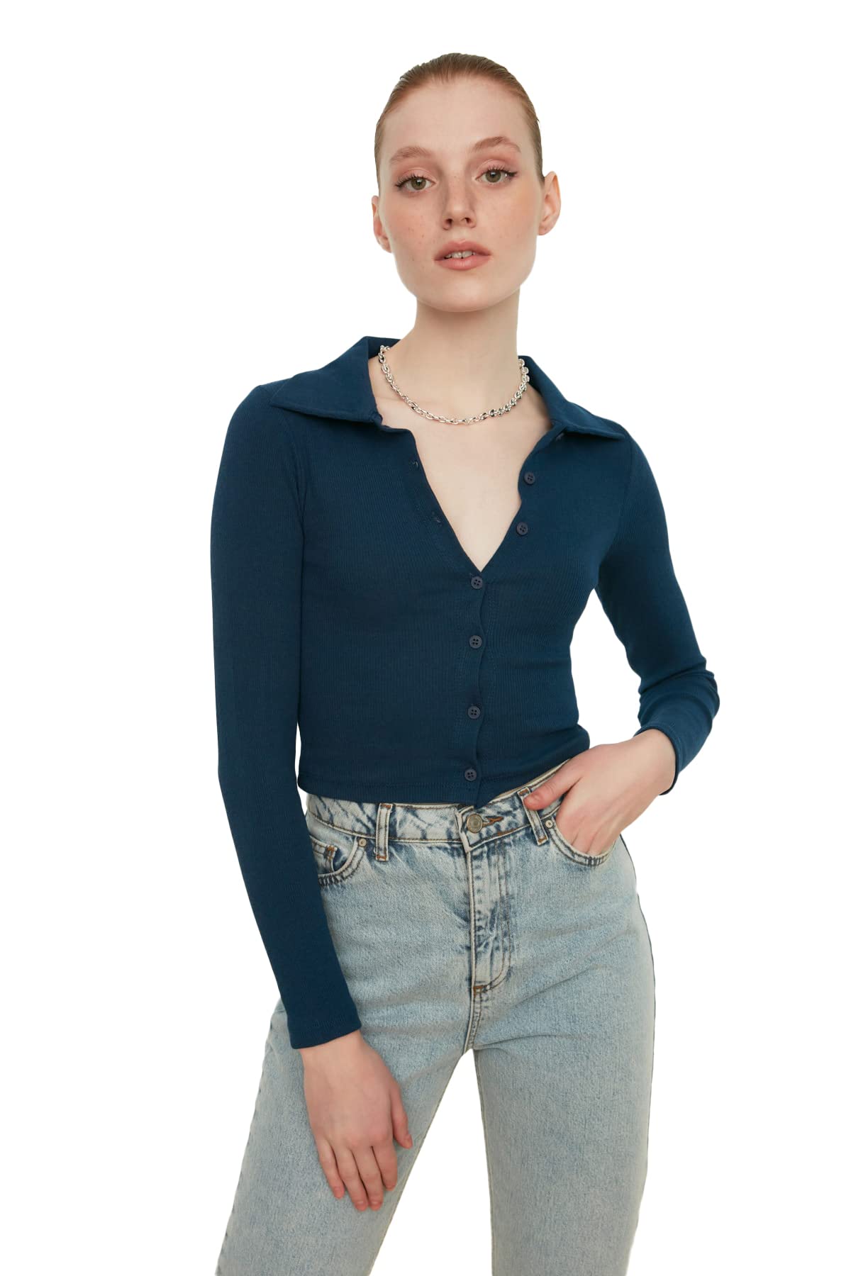 Trendyol Women Basic Slim fit Basic Polo Neck Knitted Blouse Indigo