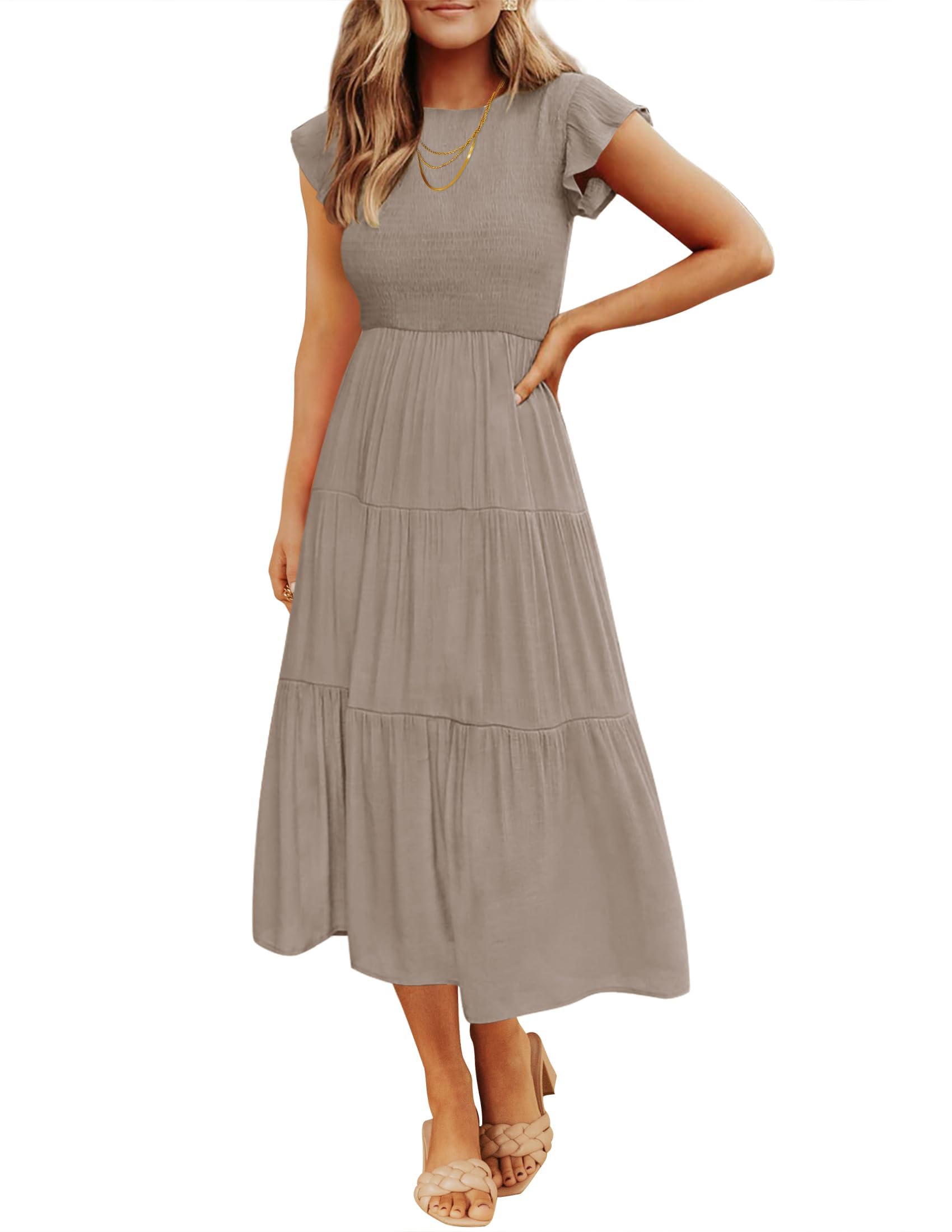 ZESICA Women's 2024 Summer Casual Flutter Short Sleeve Crew Neck Smocked Elastic Waist Tiered Midi Dress, Light Khaki, L