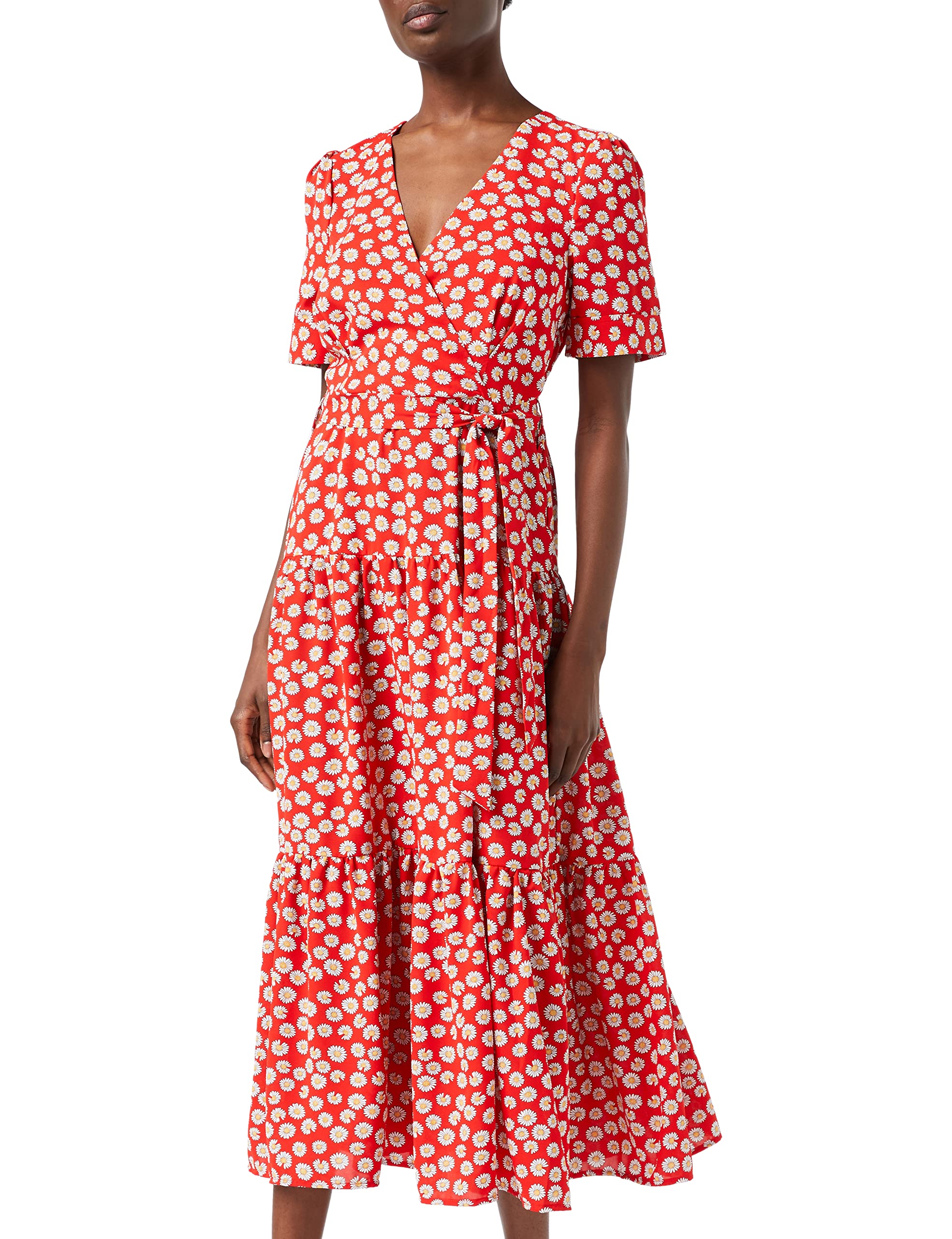 Louche Emin Tiered midi Dress in Daisy Dancer Print, Red, Size 14