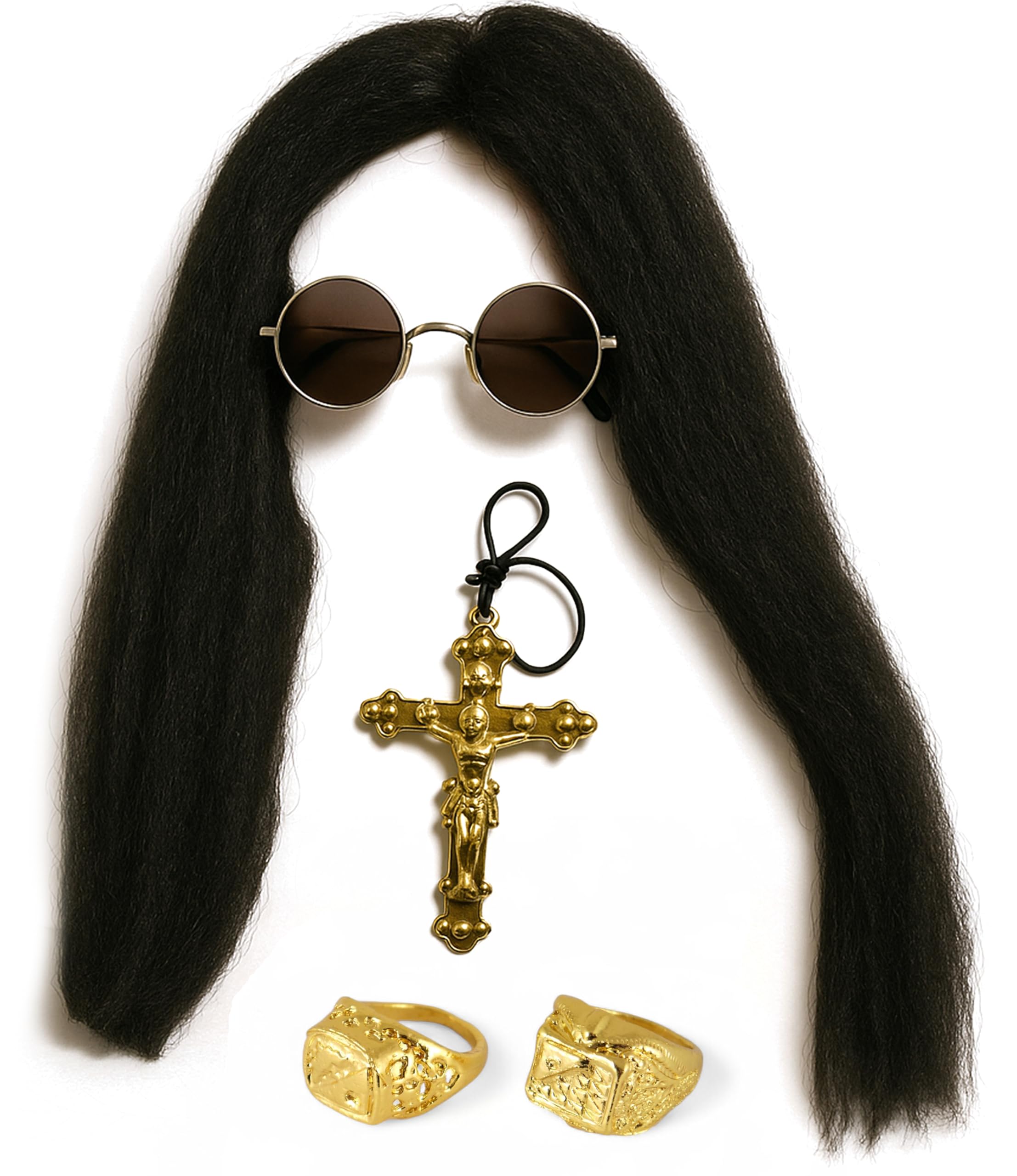 Rock Legend Costume Kit – Long Black Wig, Round Glasses, Silver Metallic Cross Necklace, 2 Gold Rings – Heavy Metal Rock Star Accessories Set for Men Halloween Party Cosplay