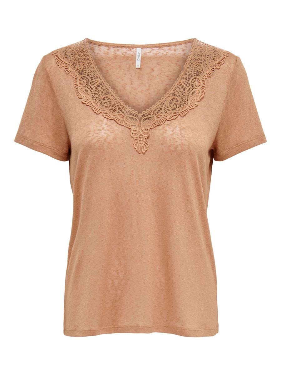ONLY Women's ONLNICKI S/S V-Neck Mix TOP JRS T-Shirt, Indian Tan, XL