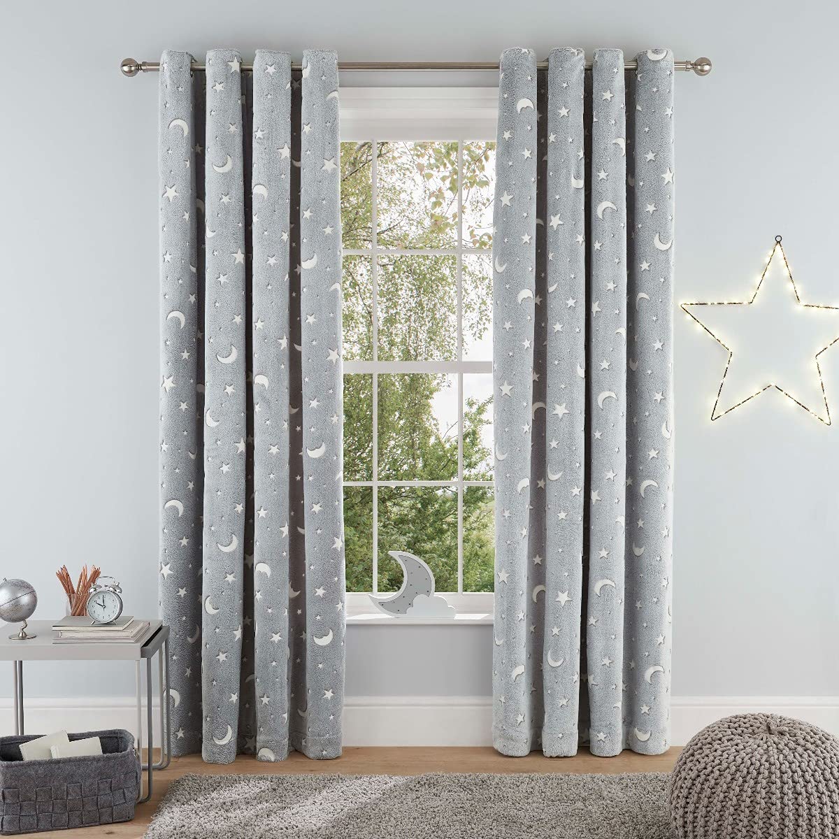 Sleepdown Teddy Fleece Glow in the Dark Super Soft Moon and Stars Eyelet Curtains for Bedroom and Living Room - 66x72 - Grey - 2 Panels