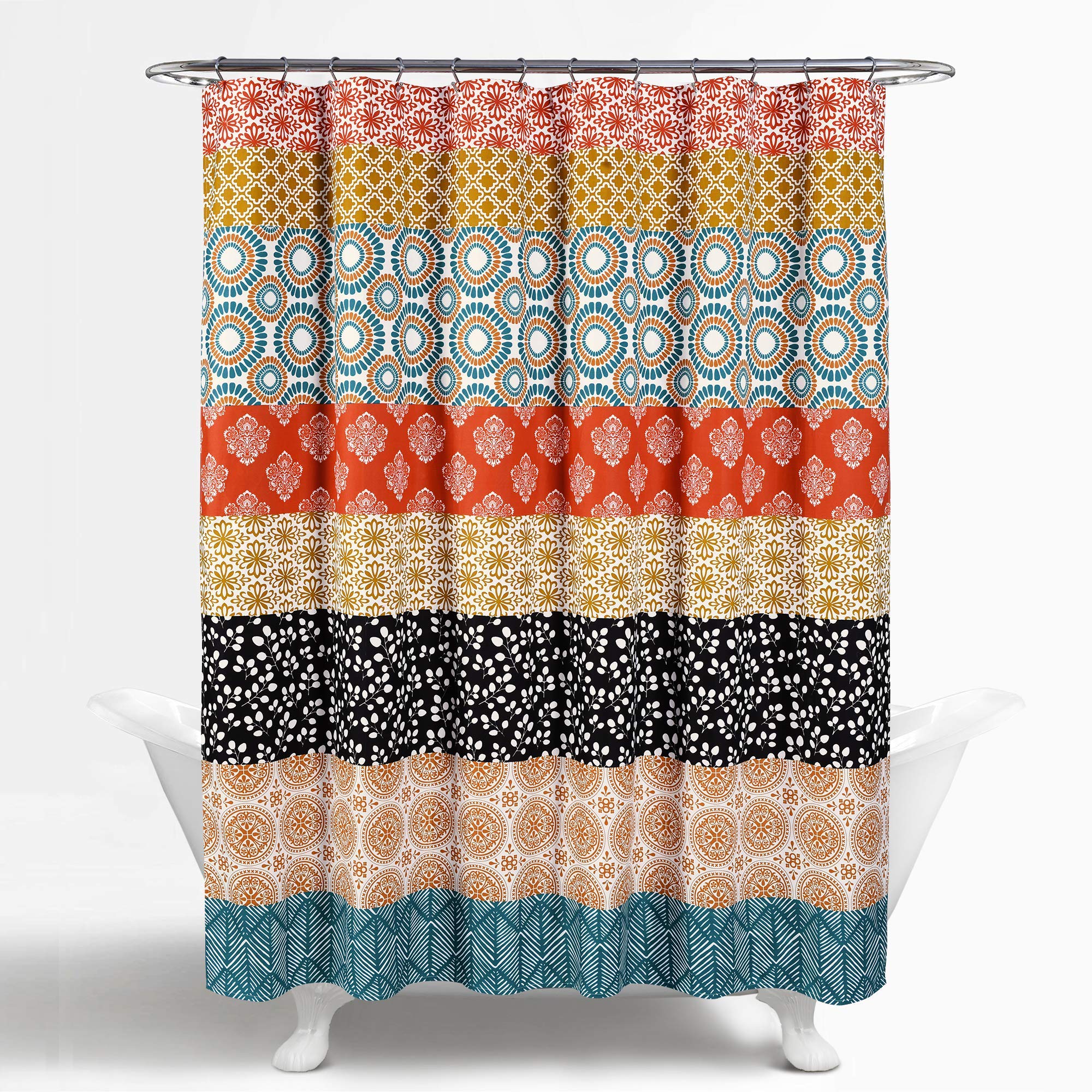 Lush Decor Bohemian Stripe Shower Curtain, 72" W x 72" L, Turquoise & Orange - Enchanting and Bold Colorful Design Perfect for Boho Bathroom Decor