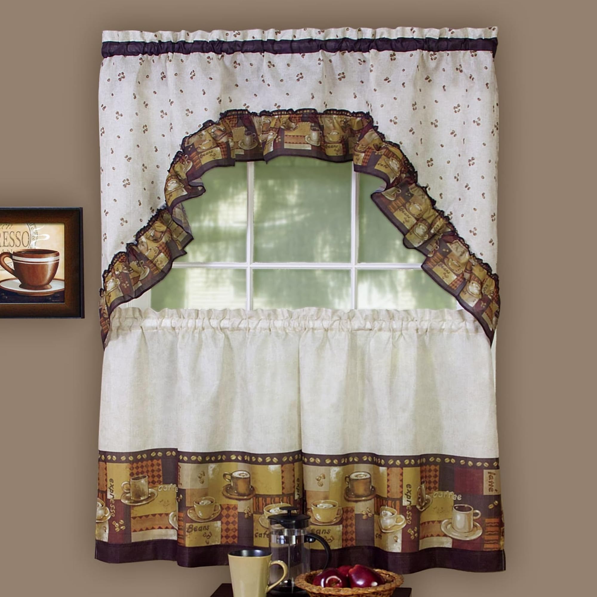 Achim Home Furnishings - CFTS36BW12 Coffee Tier and Swag Window Treatment Set, 57" x 36", Brown