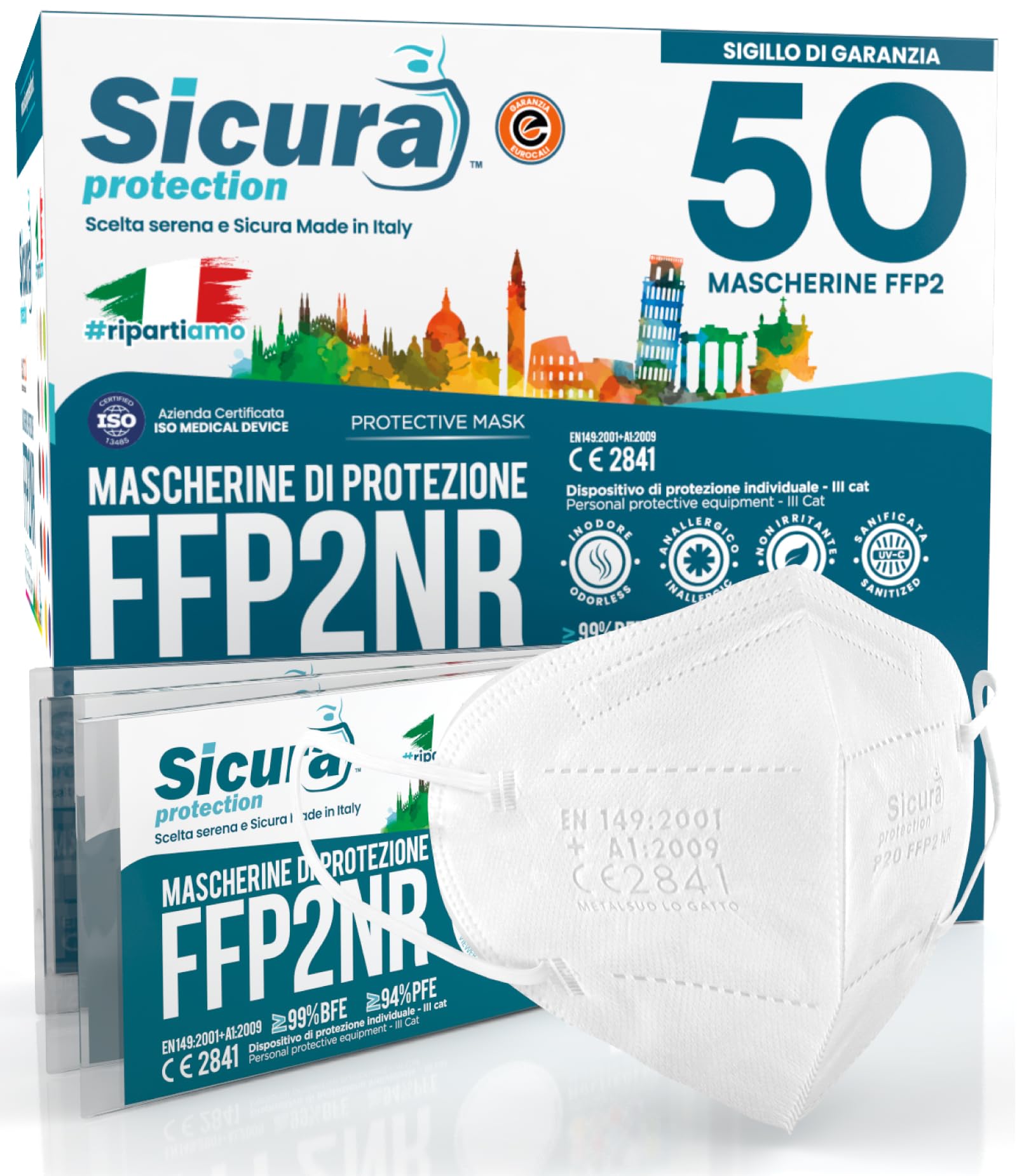 FFP2 Mask CE Certified Filter Class BFE ≥99% FFP2 Masks Sanitised and Individually Sealed ISO 13485 Medical Devices Respirator Mask CE Made and Packed in Italy