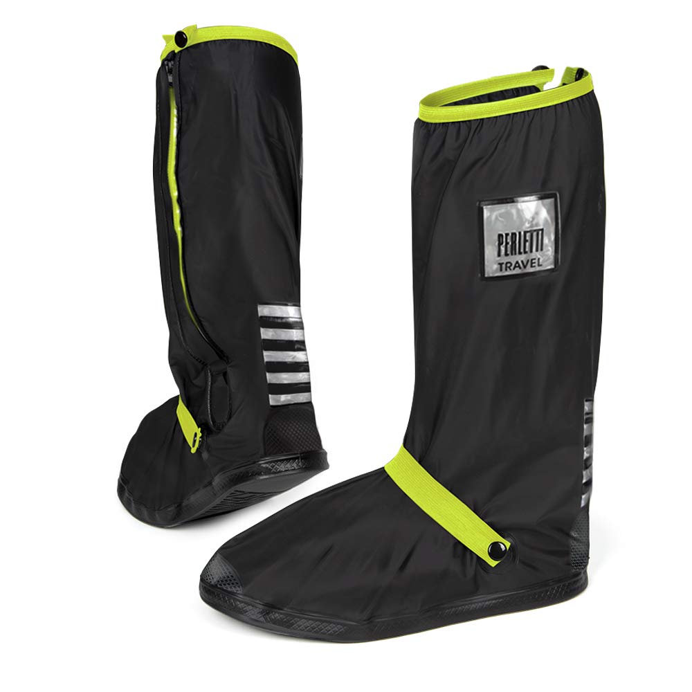 PERLETTI Shoe Covers Black Waterproof Durable Reusable Lightweight - Overshoes Boot Cover Resistant Strong - Mud Rain Protectors with Non Slip Sole and Reflective Inserts (M (6.5/8), Lemon Green)