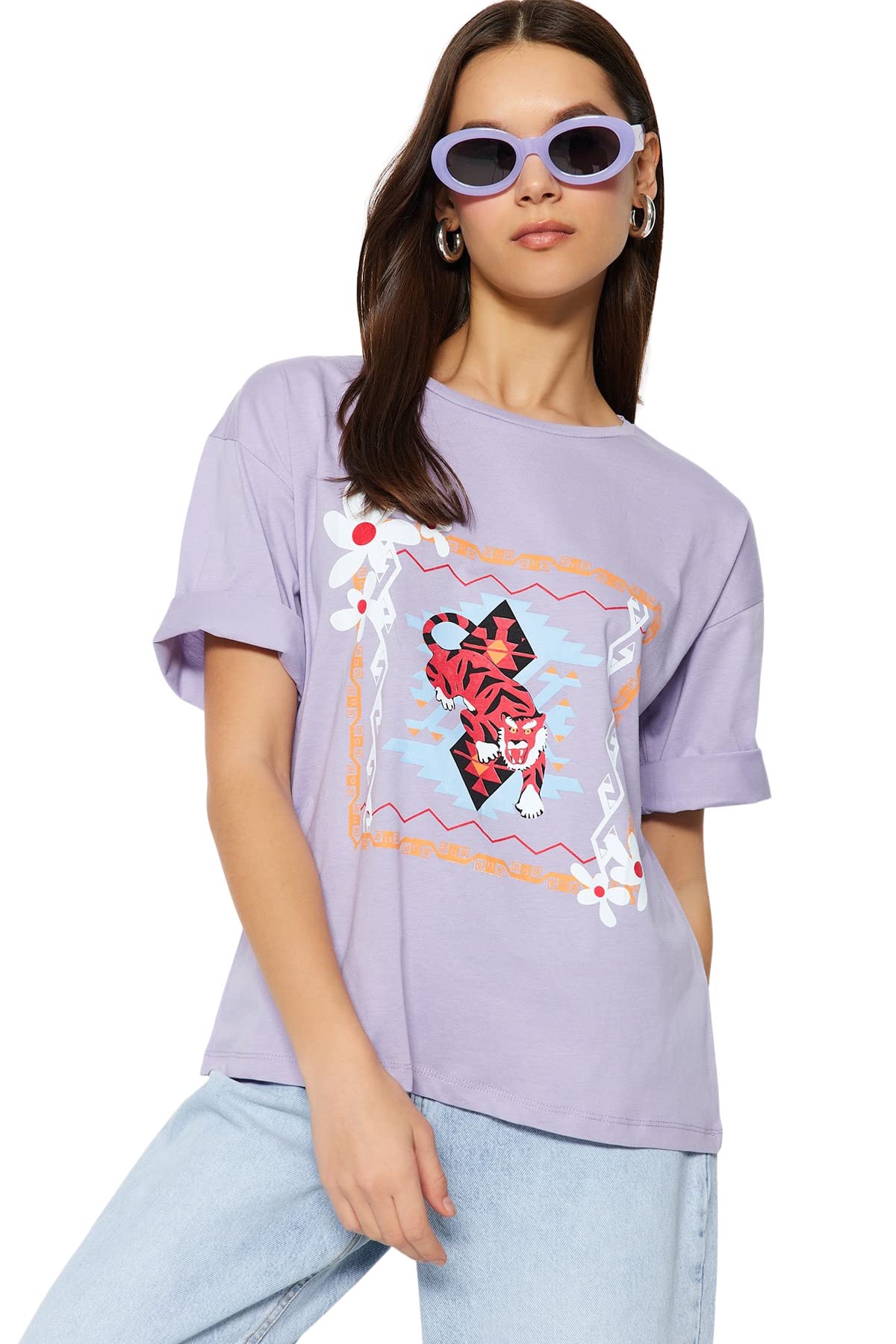 Trendyol Woman Regular fit Basic Crew Neck Knit T-Shirt Lilac