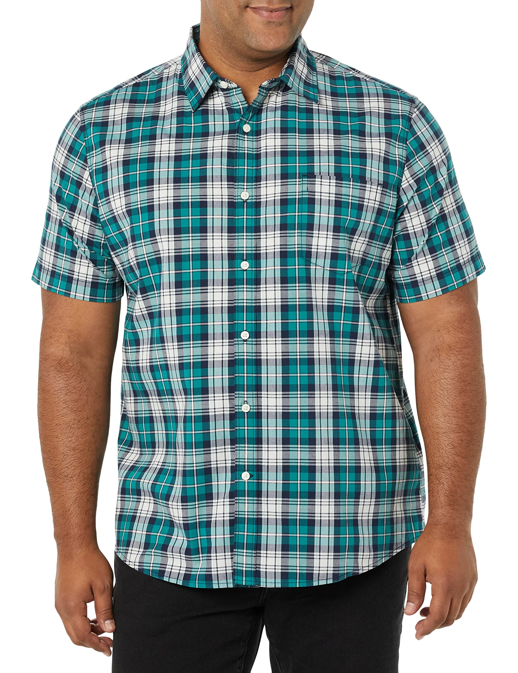 Amazon Essentials Men's Short-Sleeve Stretch Poplin Shirt (Available in Big & Tall), Teal Blue White Plaid, XS