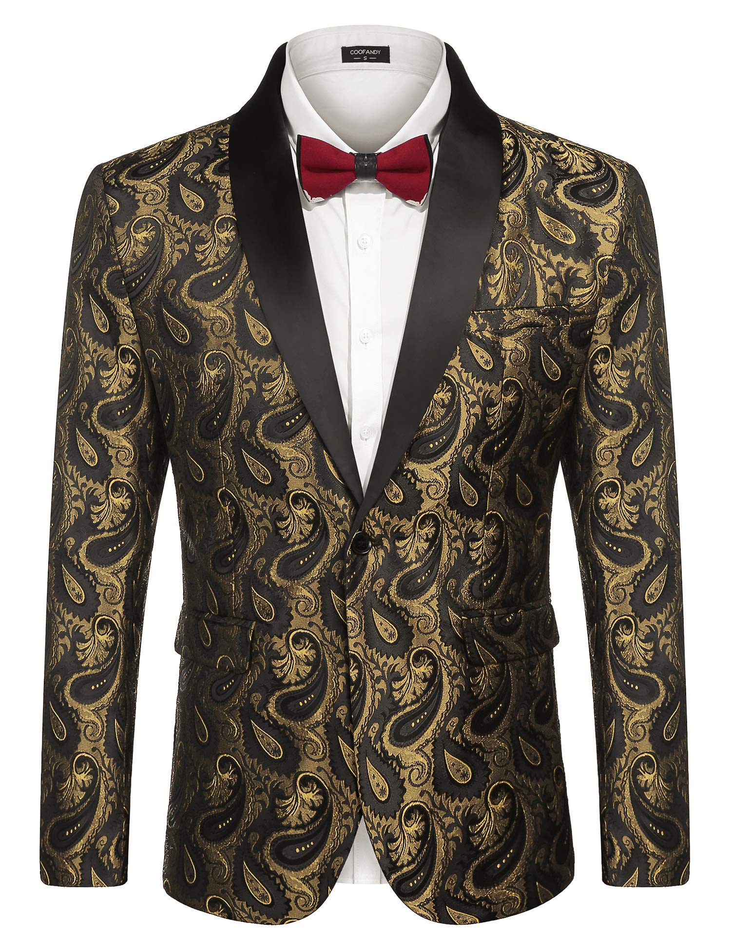 Coofandy Mens Floral Tuxedo Jacket Paisley Shawl Lapel Suit Blazer Jacket for Dinner,Prom,Wedding, Golden, XL