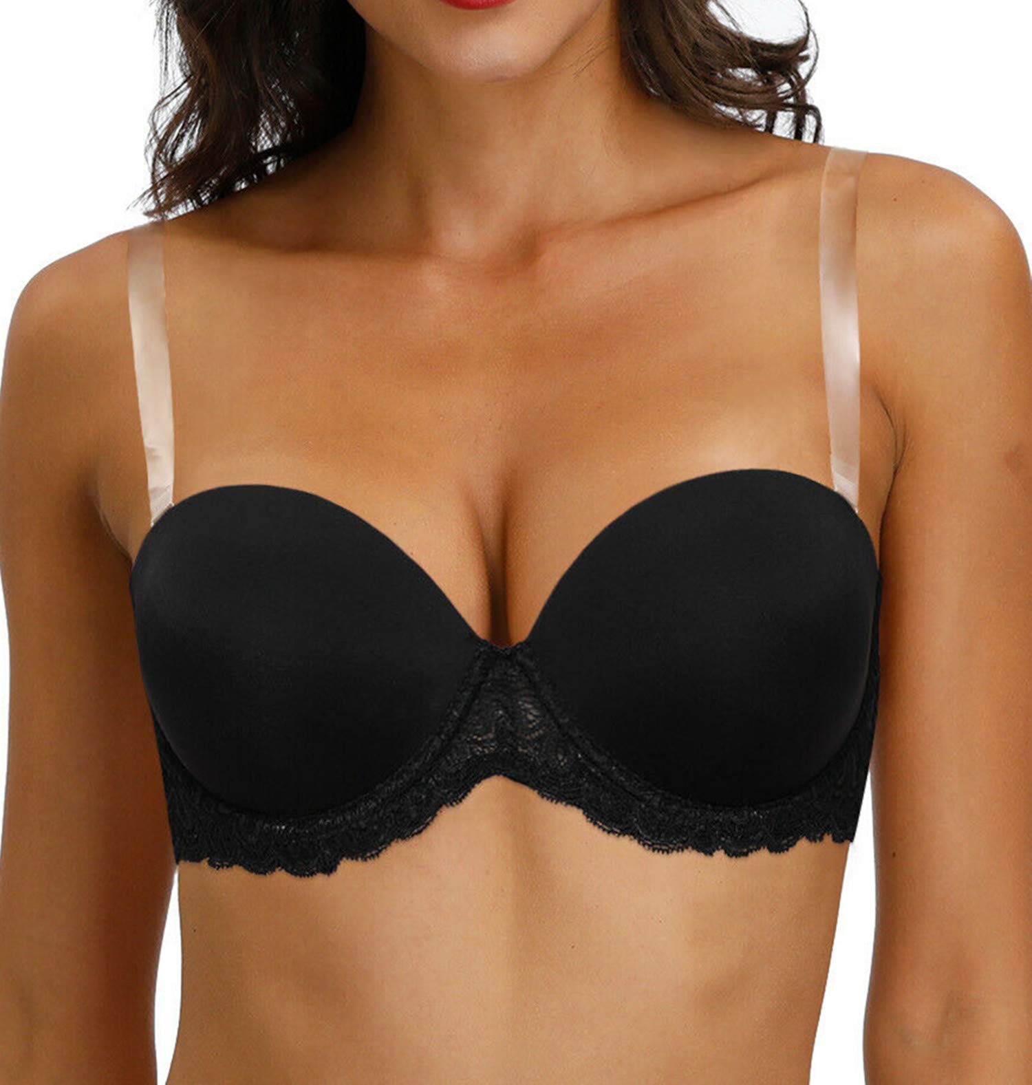 HWDI 38C Strapless Plus Size Bra with Transparent Straps Clear Back Convertible Lace Black