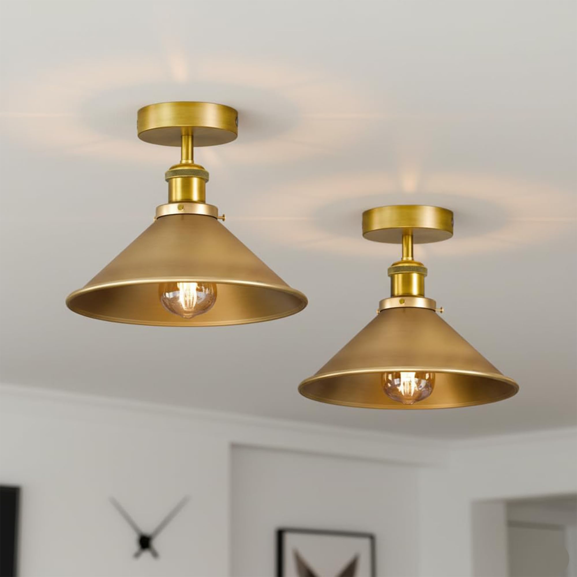 Pack of 2 E27 Flush Fitting Ceiling Light with 22cm Yellow Brass Conical Shade Easy Fit Anti Rust Premium Quality Vintage Flush Mount Ceiling Lighting for Bedroom Kitchen Style 1 With EPC A+ Bulb
