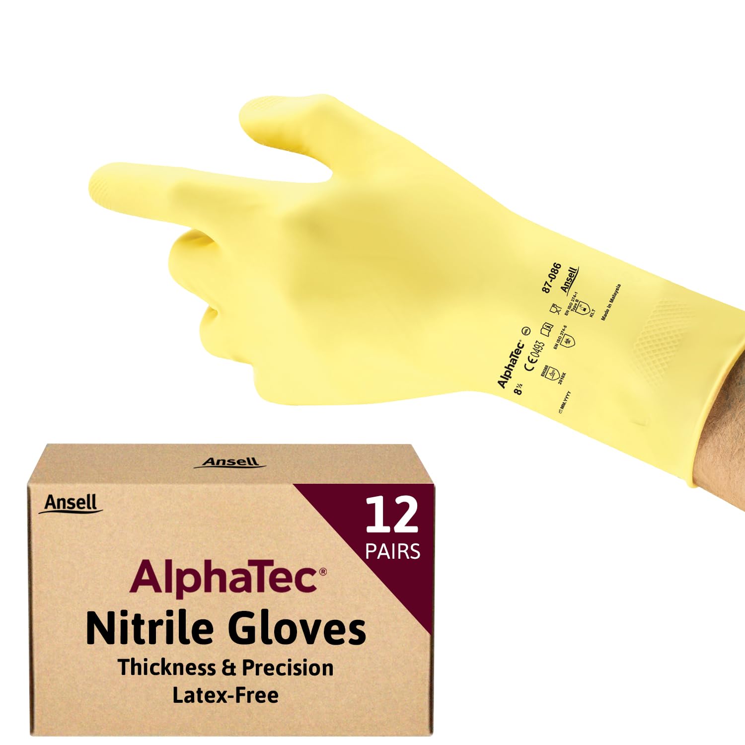 Ansell AlphaTec 87-086 Multipurpose Latex Gloves with Long Cuff, Chemical Protection and Food Safety, Reusable Kitchen Gloves, Household Cleaning and Dishwashing, Yellow, Size L (12 Pairs)