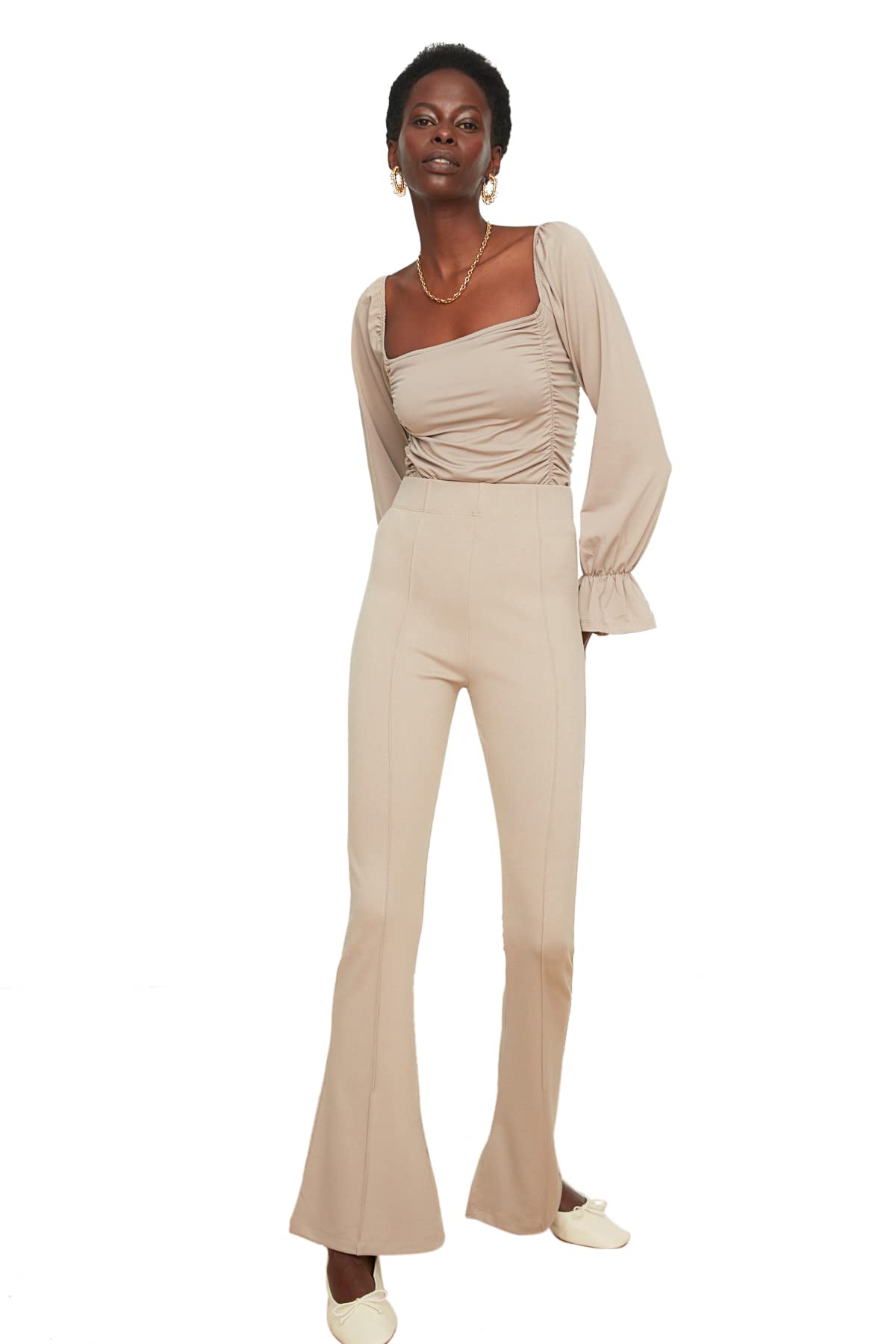 Trendyol Women High Waist Flare Leg Flare Trousers Stone