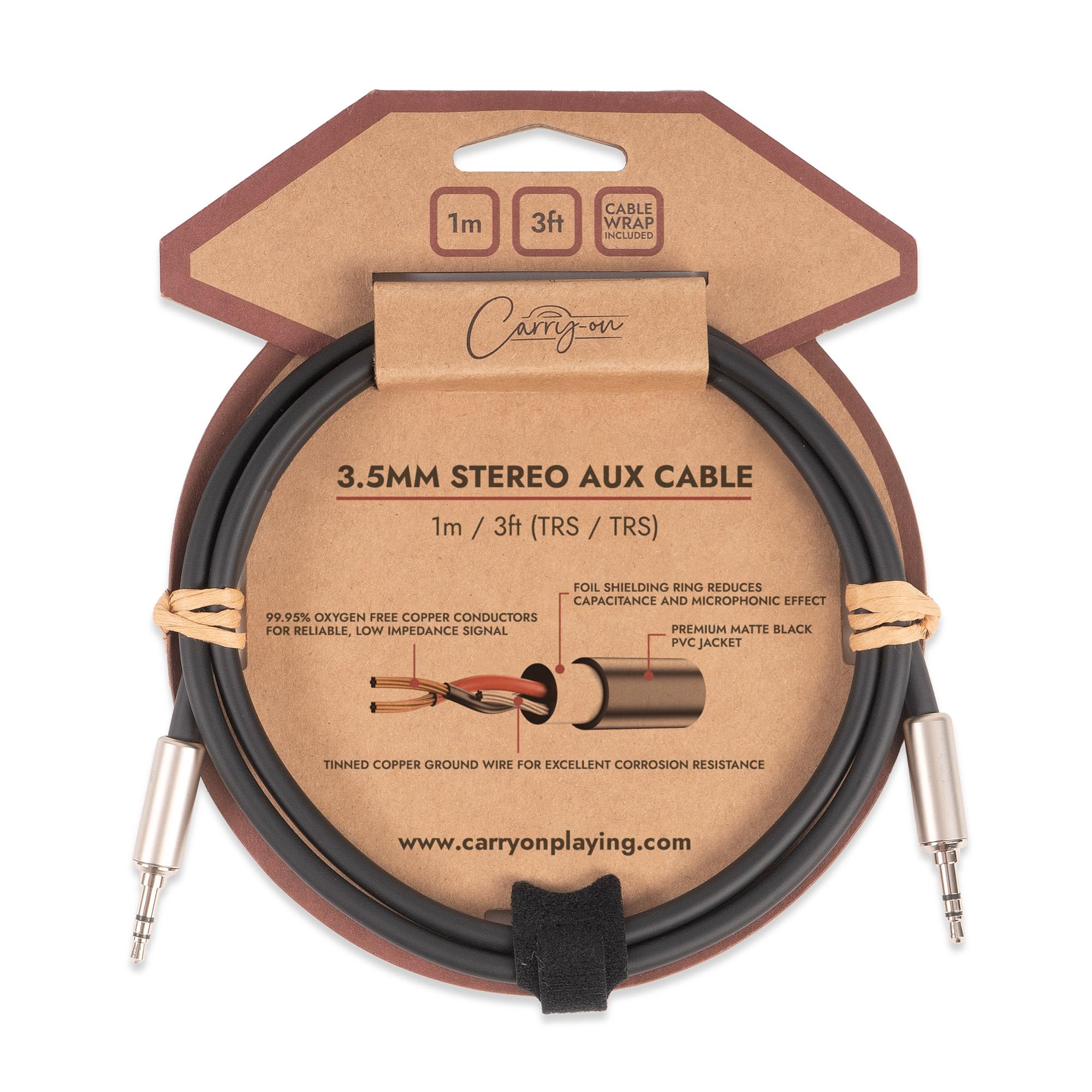 Carry-on AUX Cable 3.5mm Audio Aux Cable, Cable Wrap Included, 1m matte black Stereo Jack for Headphones, iPad, iPhone, MAC. PC, Car, Speaker, TV