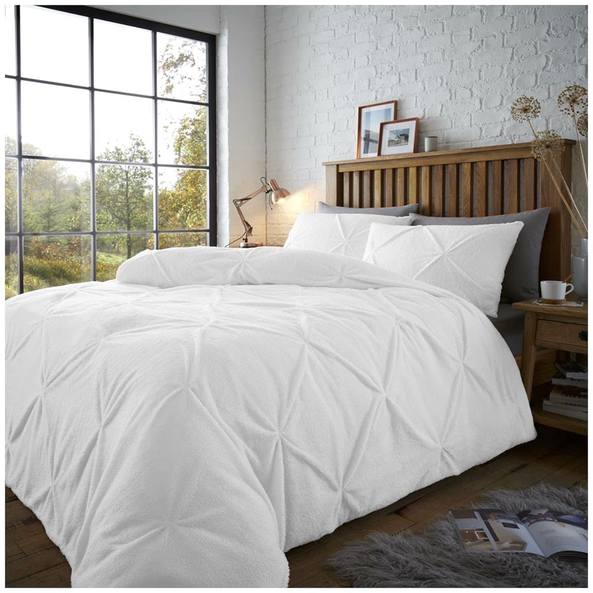 Pinch Pleat Duvet Cover, Easycare Diamond Bedding Single Bed Set, Soft & Cozy Teddy Quilt Covers, White