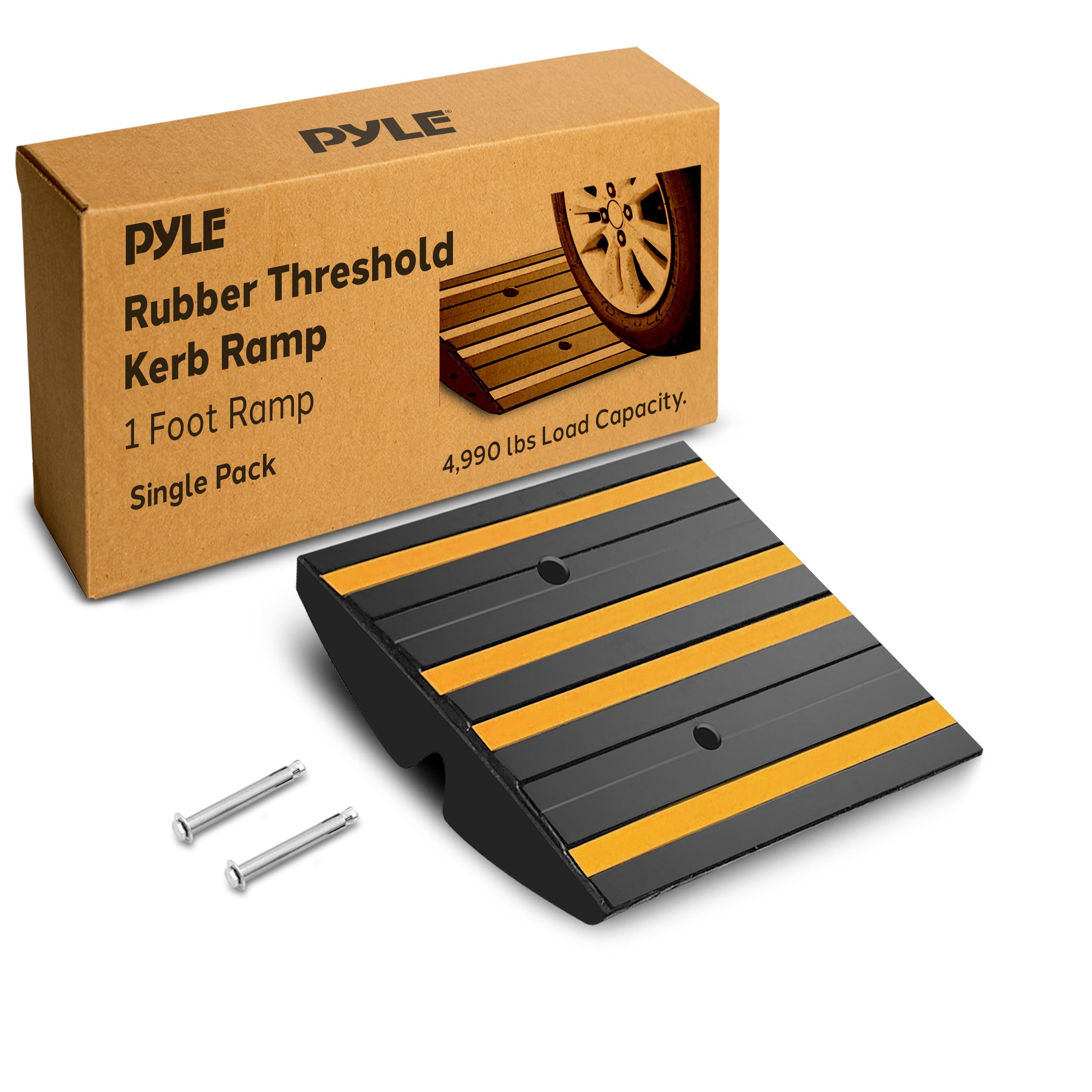 Pyle Heavy-Duty Rubber Kerb Access 30cm, Non-Slip Vehicle Step, Shed or Driveway Use, Yellow Reflective Strips, Supports 5000kg, Expansion Screws, Outdoor Portable Threshold Solution