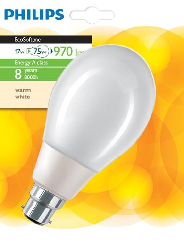 Philips EcoSoftone 929689342705 Standard Energy-Saving Light Bulb A70 17 W B22d WW 1BL / 230 V