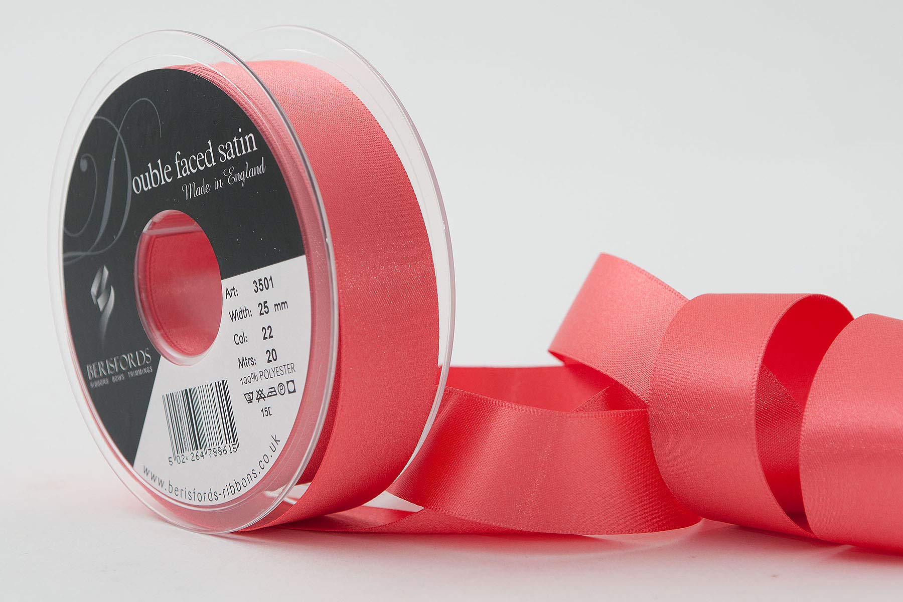 Berisfords Satin Ribbon, Coral, 25 mm (Packaging may vary)
