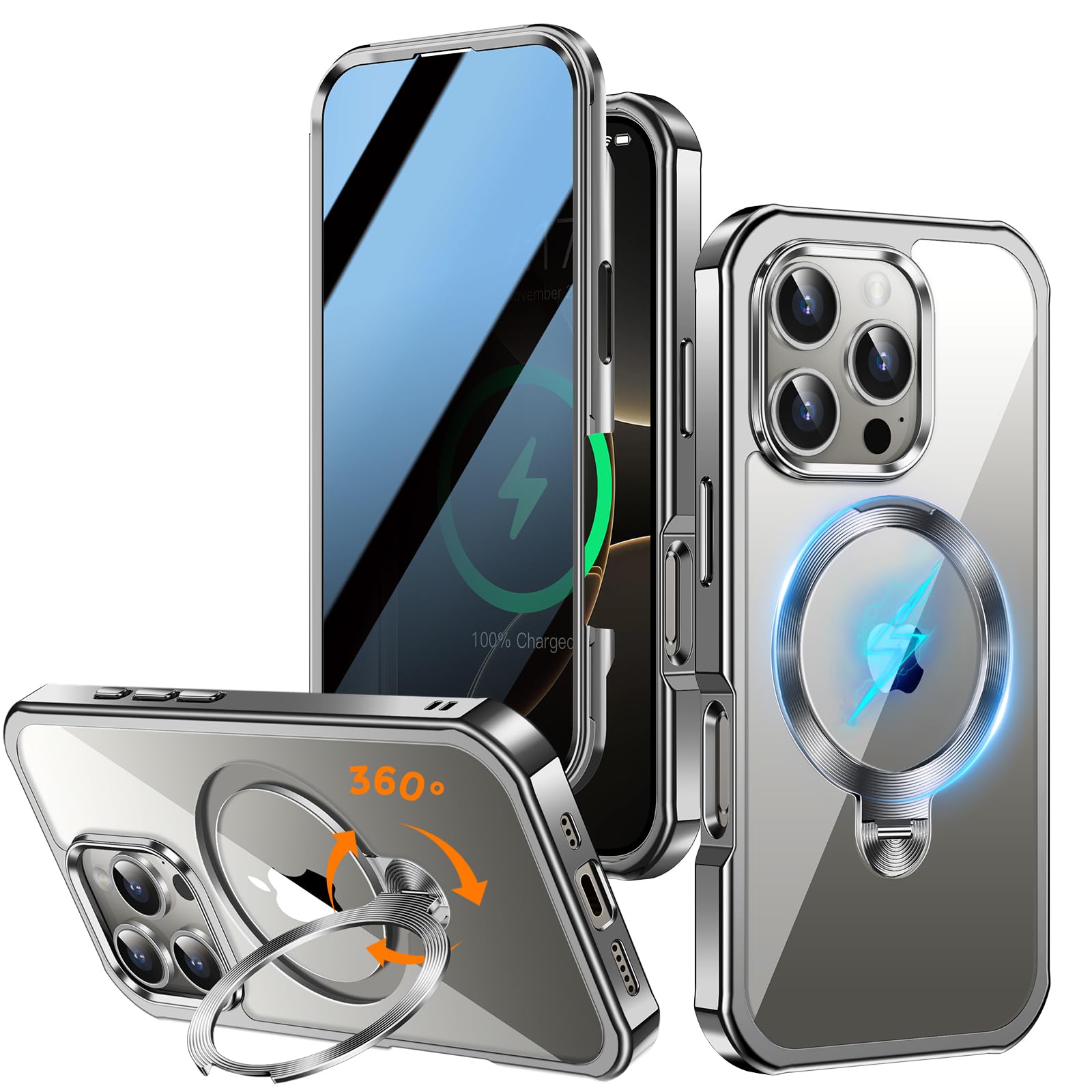 Upholyee [360° Rotatable CD Stand & Built-in Privacy Screen Magnetic Case for iPhone 16 Pro Max[Compatible with MagSafe&Full Signal] Mil-Grade Shockproof Full Body Anti-Spy Cover for 16 Pro Max-Gray