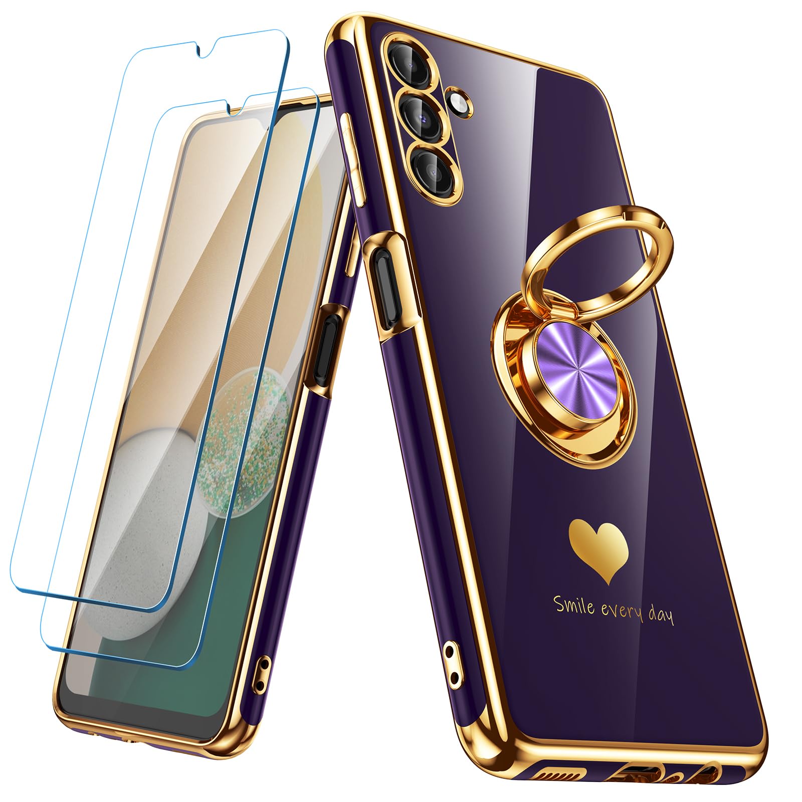 Nonional for Samsung Galaxy A13 5G/A04S Case with 2 Pack Screen Protector, 360° Rotatable Ring Holder [Luxury Hearts Pattern] Plating Gold Edge Slim Soft Phone Cover Case for Galaxy A13 - Purple