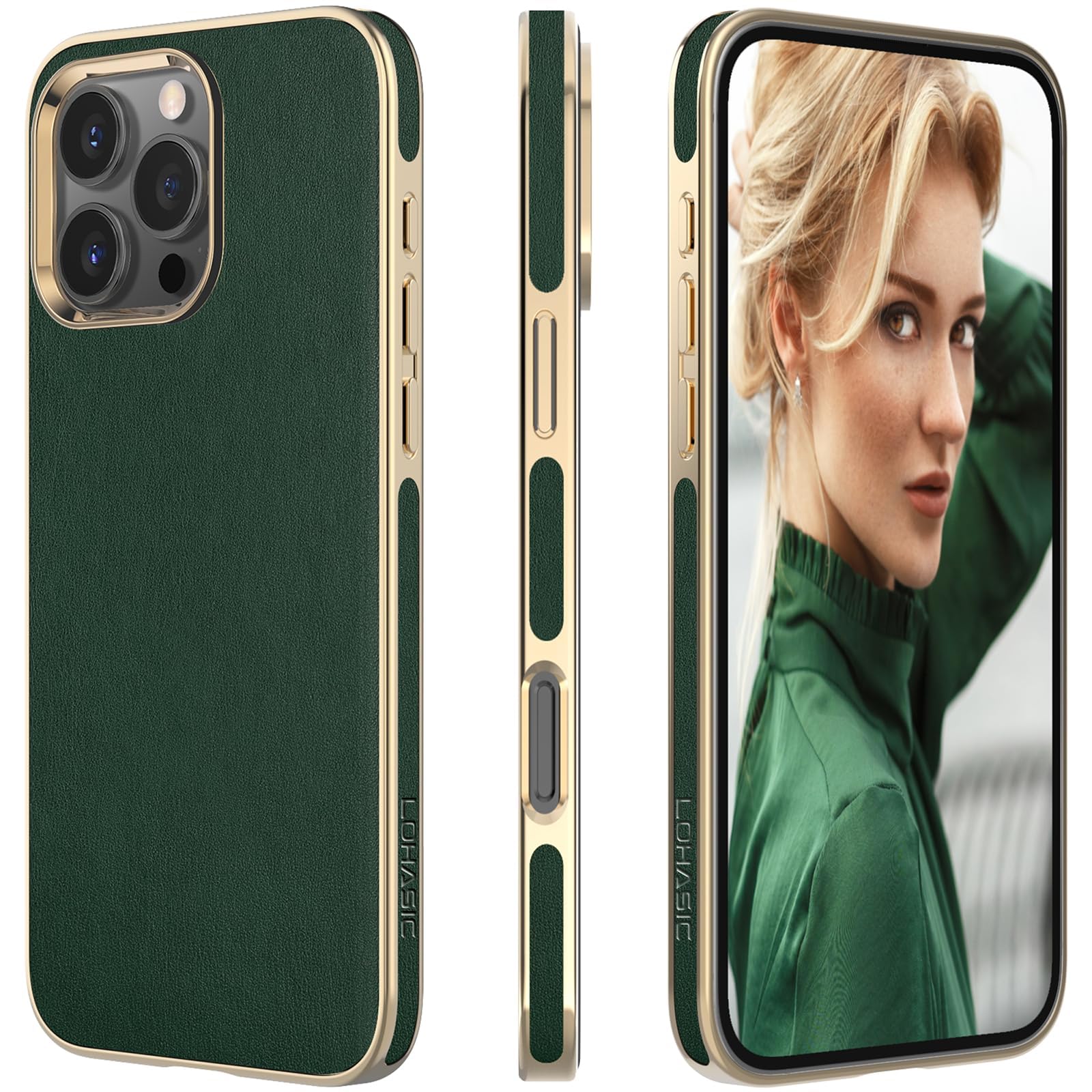 Lohasic Leather Case for iPhone 16 Pro Max 6.9" 5G, Business Luxury Classic PU Leather Elegant Designer Cover Soft Non Slip Grip Women Phone Cases 2024, Dark Green