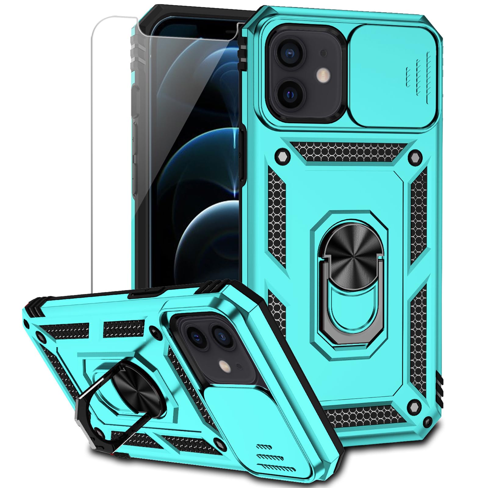 for iPhone 12 Mini Case with Camera Lens Cover HD Screen Protector, Dual Layer Military Grade Drop Protection Magnetic Ring Holder Kickstand Protective Phone Case for iPhone 12 Mini 5.4 inch (Mint)