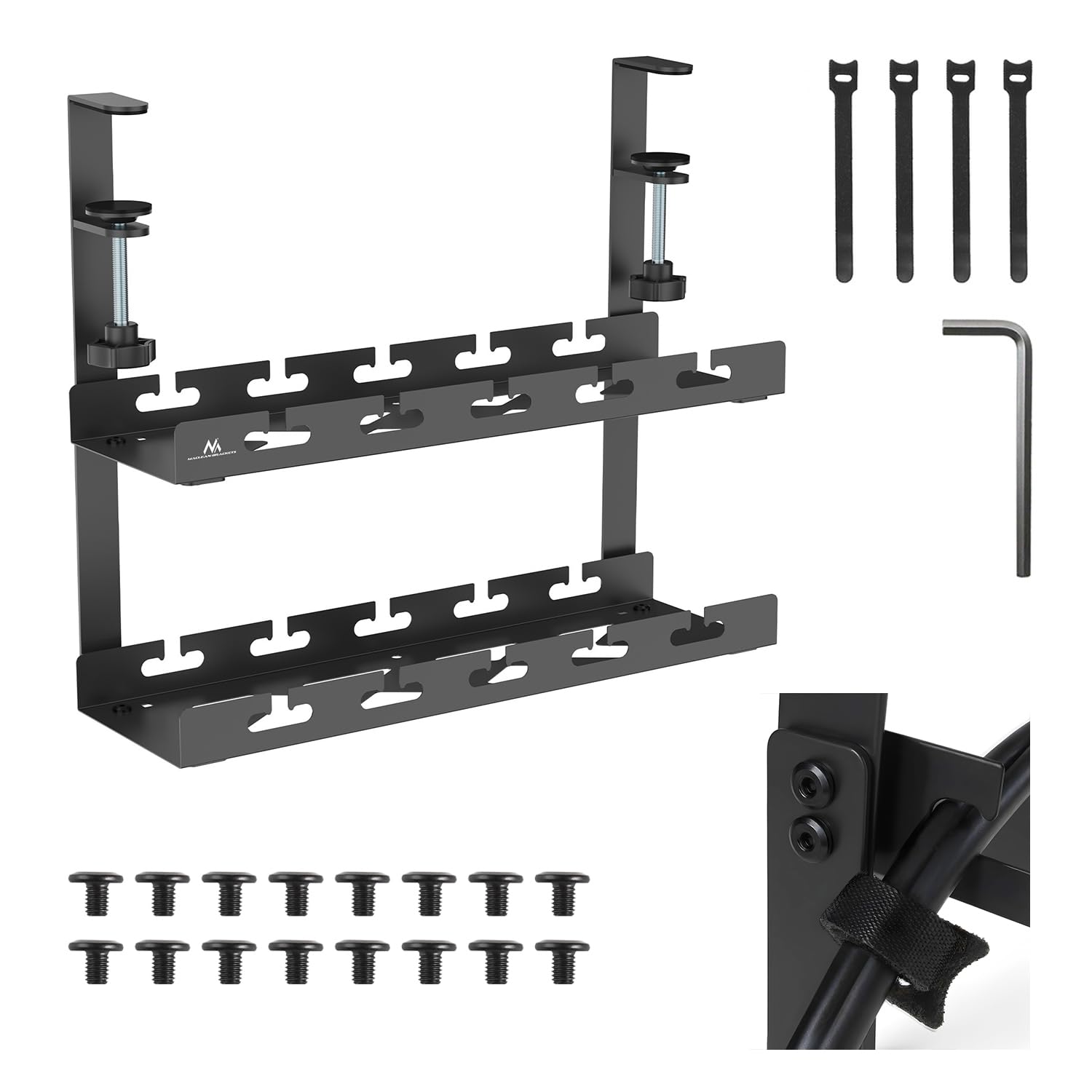 Maclean MC-104 B, 2 levels, 40 cm, black, robust clamp fastening, ABS steel, 5 kg load capacity, socket strip, cable grommets and Velcro fasteners included