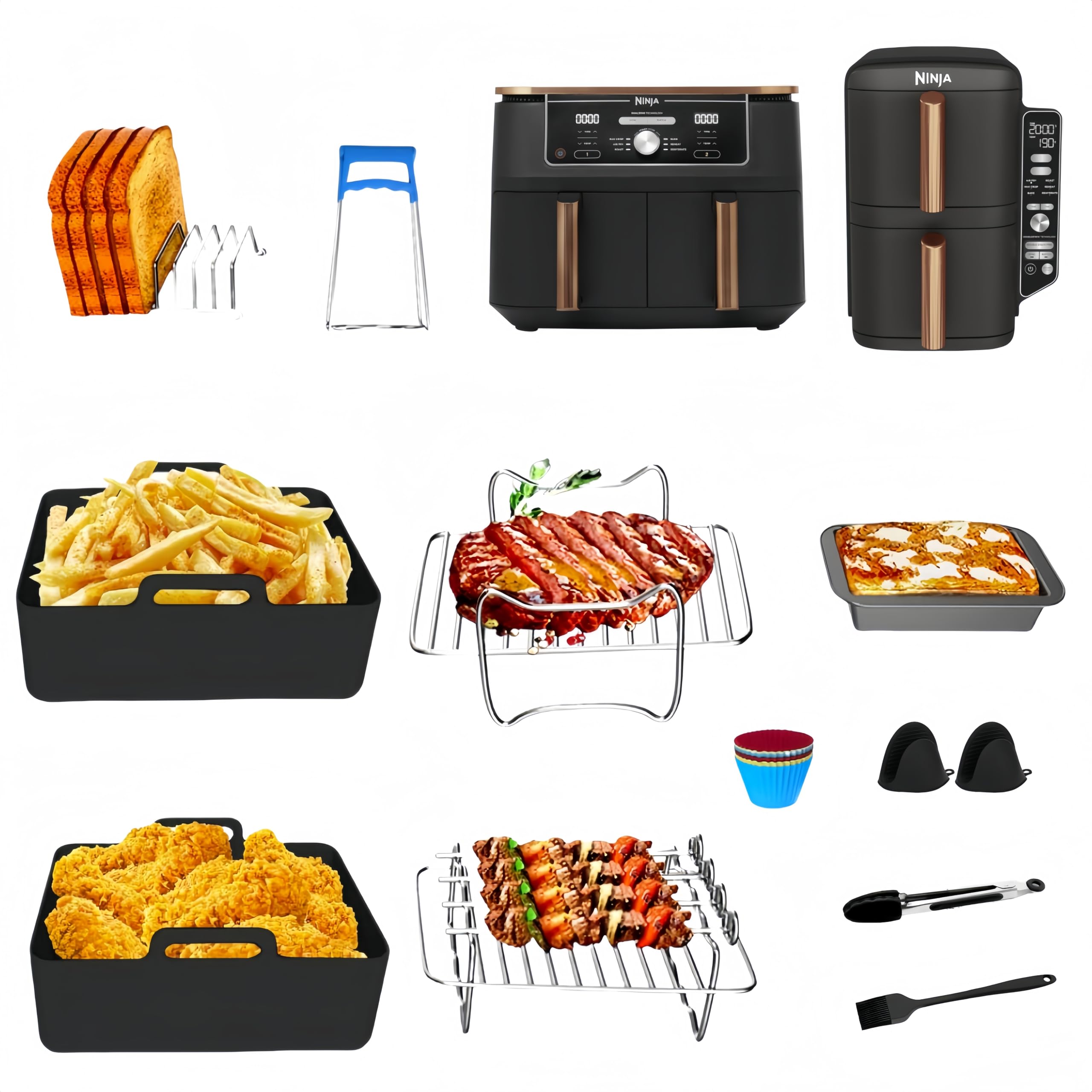 Air Fryer Accessories for Ninja Double Stack Air Fryer SL400UK, AF400UK, SL400UKCP, Tower Vortex T17088, Cookwise 9L, Silicone Air Fryer Liners, Stainless Cooking Rack(11Pcs)