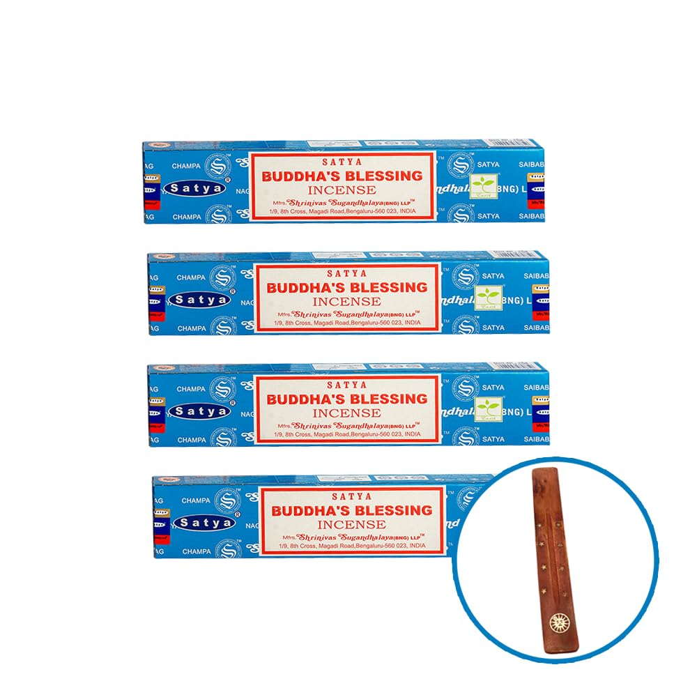 VIE Premium Satya Incense Sticks, 4 Packs x 15g, with Incense Holder, Buddha's Blessing