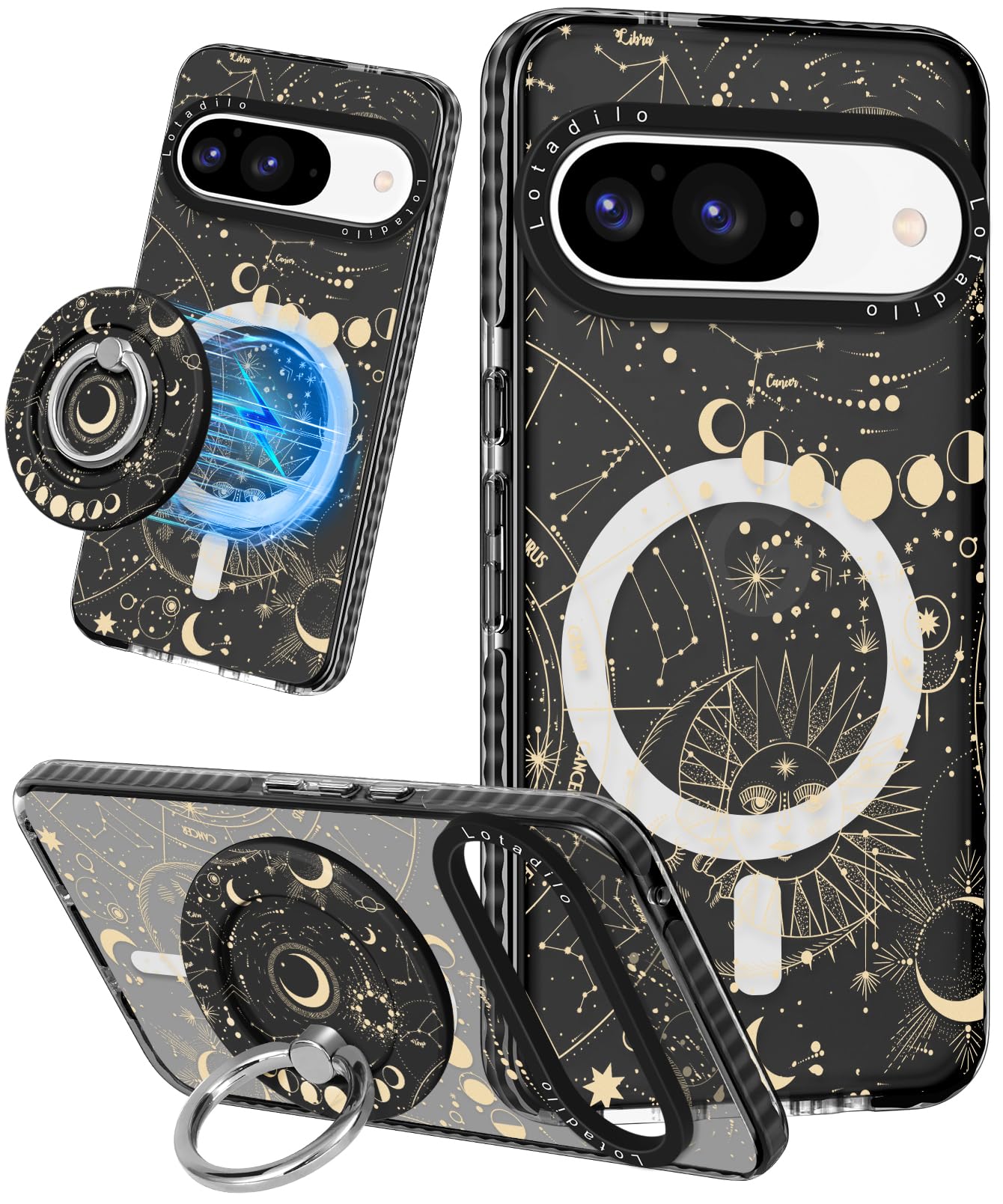Lotadilo Cute for Google Pixel 9 Pro/9 Case - Compatible with Magsafe Magnetic Ring Holder Stand Kickstand for Women Girls Girly Funny Fashion TPU Phone Case, Constellation