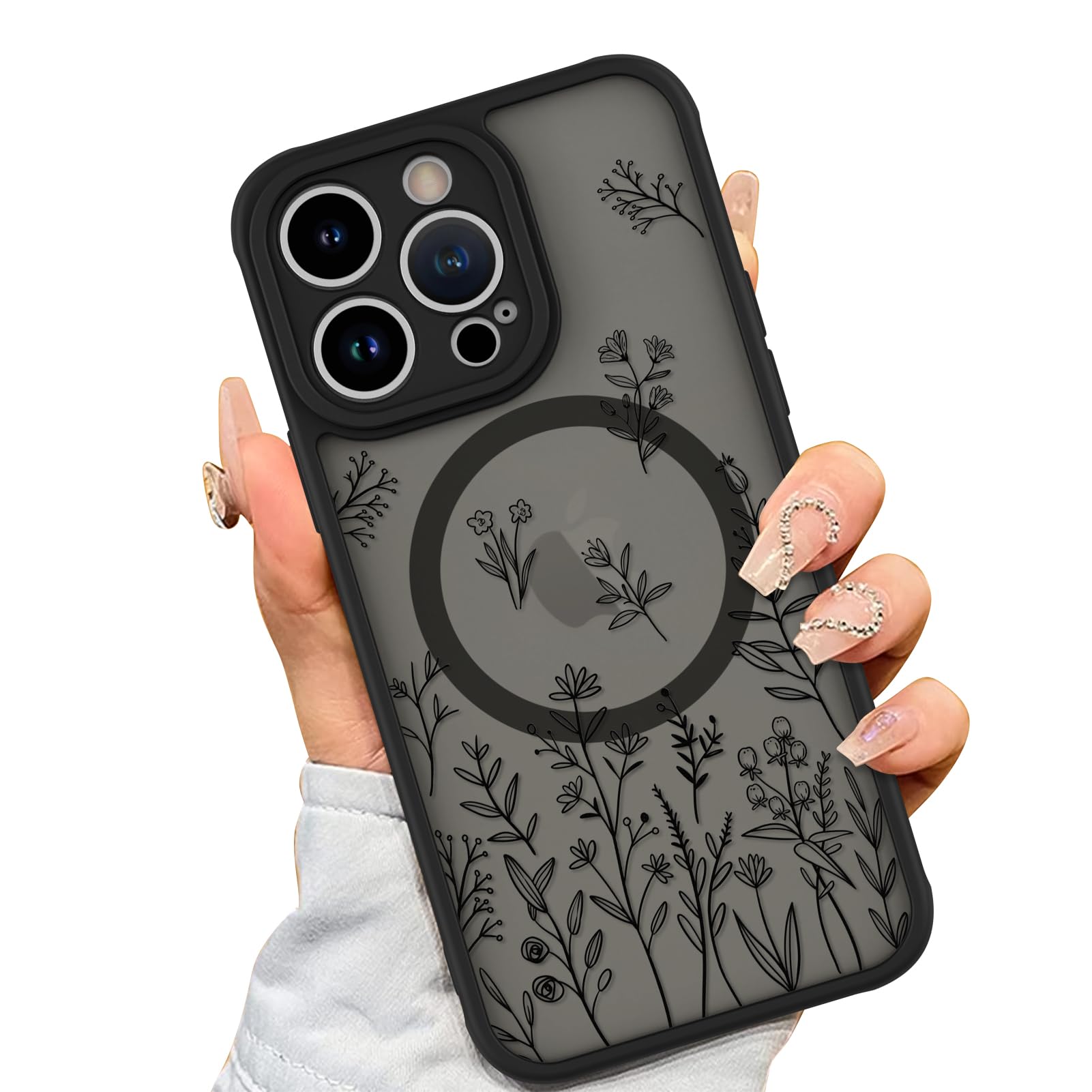 AIGOMARA Magnetic Case for iPhone 14 Pro [Compatible with MagSafe] Cute Black Flower Floral Case for Women Girls Soft TPU Bumper Hard PC Back Anti-Fall Shockproof Protective Slim Cover
