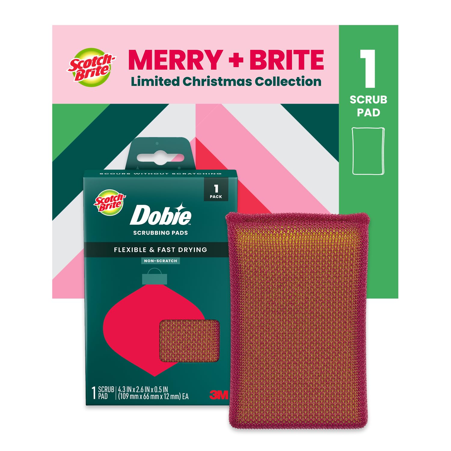 Scotch-Brite Washing Up Kitchen Sponge, Christmas Dobie Scrub Pad, Quick-Dry Mesh Scouring Pad with a Festive Red Colour