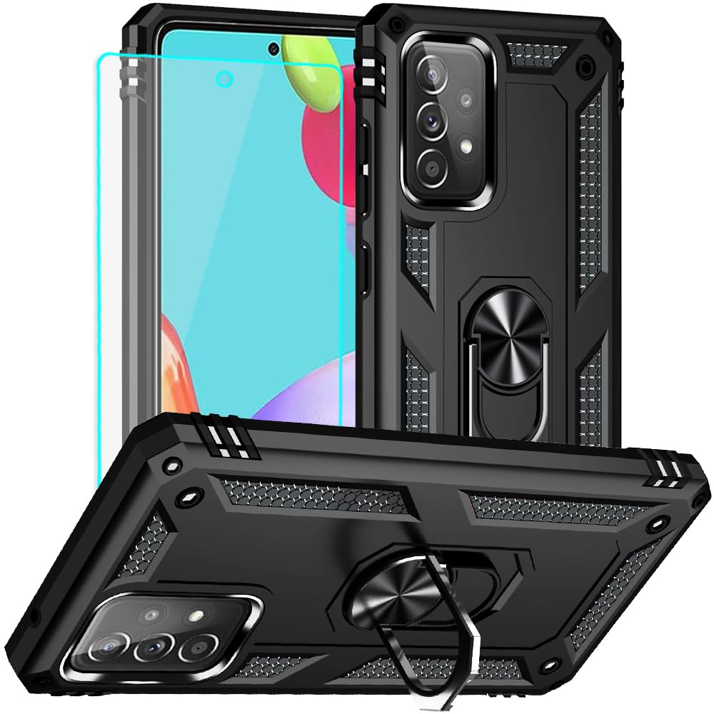 Yiakeng for Samsung A52s Phone Case, Samsung A52s Case with Screen Protector, Silicone Shockproof Military Grade Protective Phone Cover with Ring Kickstand for Samsung A52 5G (Black)