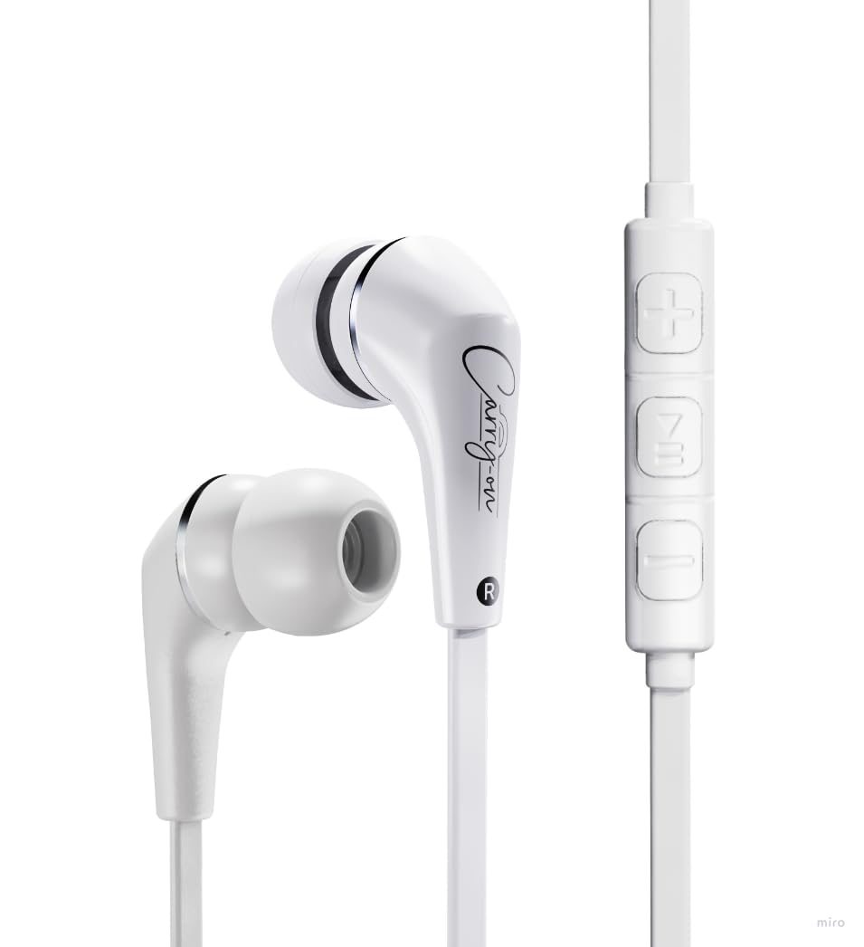 Carry-on EB50 Wired Earphones, In-ear Headphones, Tangle-Free, Microphone, Carry Case and Ear tips, for Laptop, Tablet, Ipad, Phones, Gaming - White