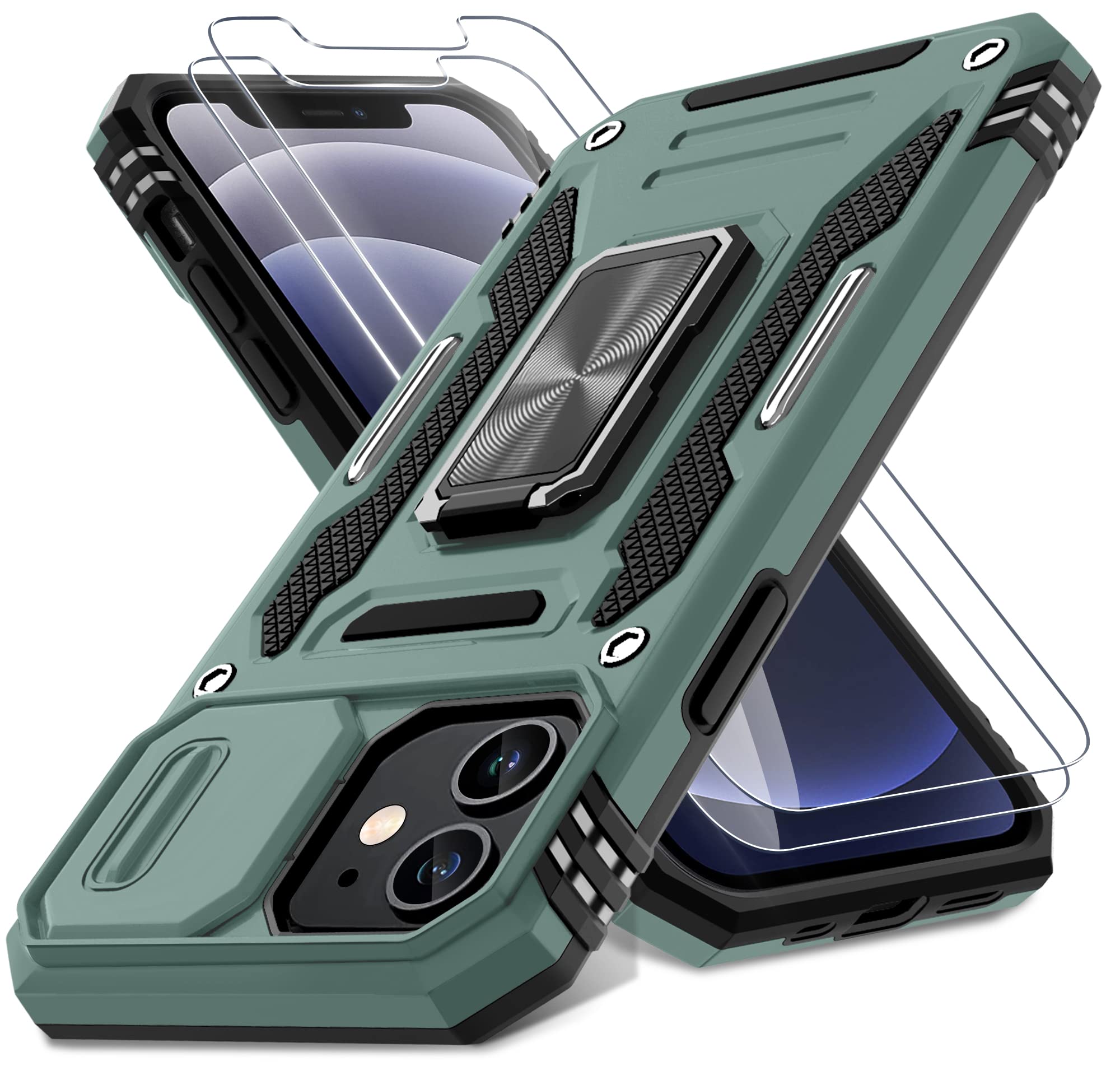 DEERLAMN for iPhone 12 Case,iPhone 12 Pro Case with Slide Camera Cover+Screen Protector(2 Packs),Rotated Ring Kickstand Military Grade Shockproof Protective Cover-Green